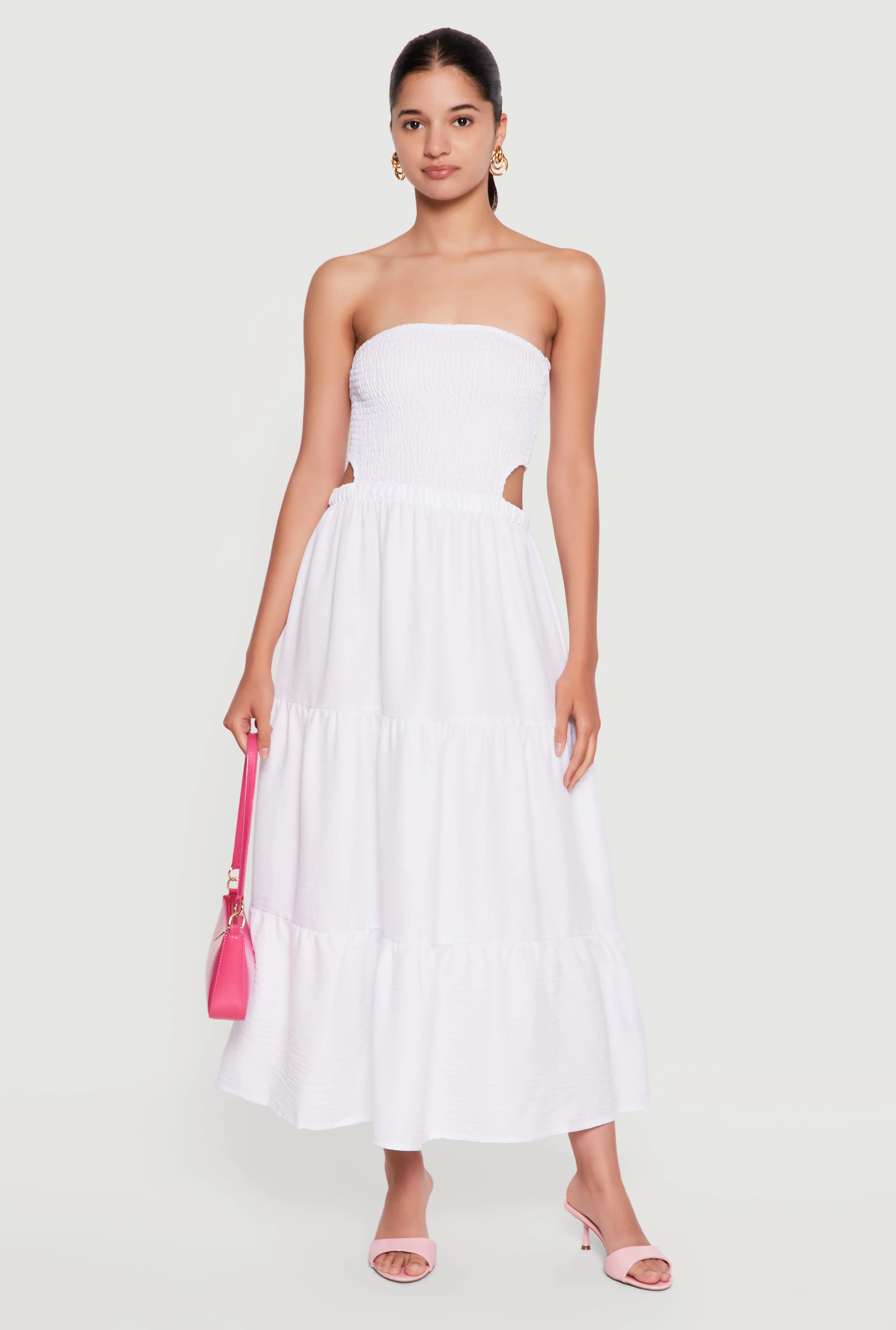 Smocked Cutout Strapless Tiered Maxi Dress