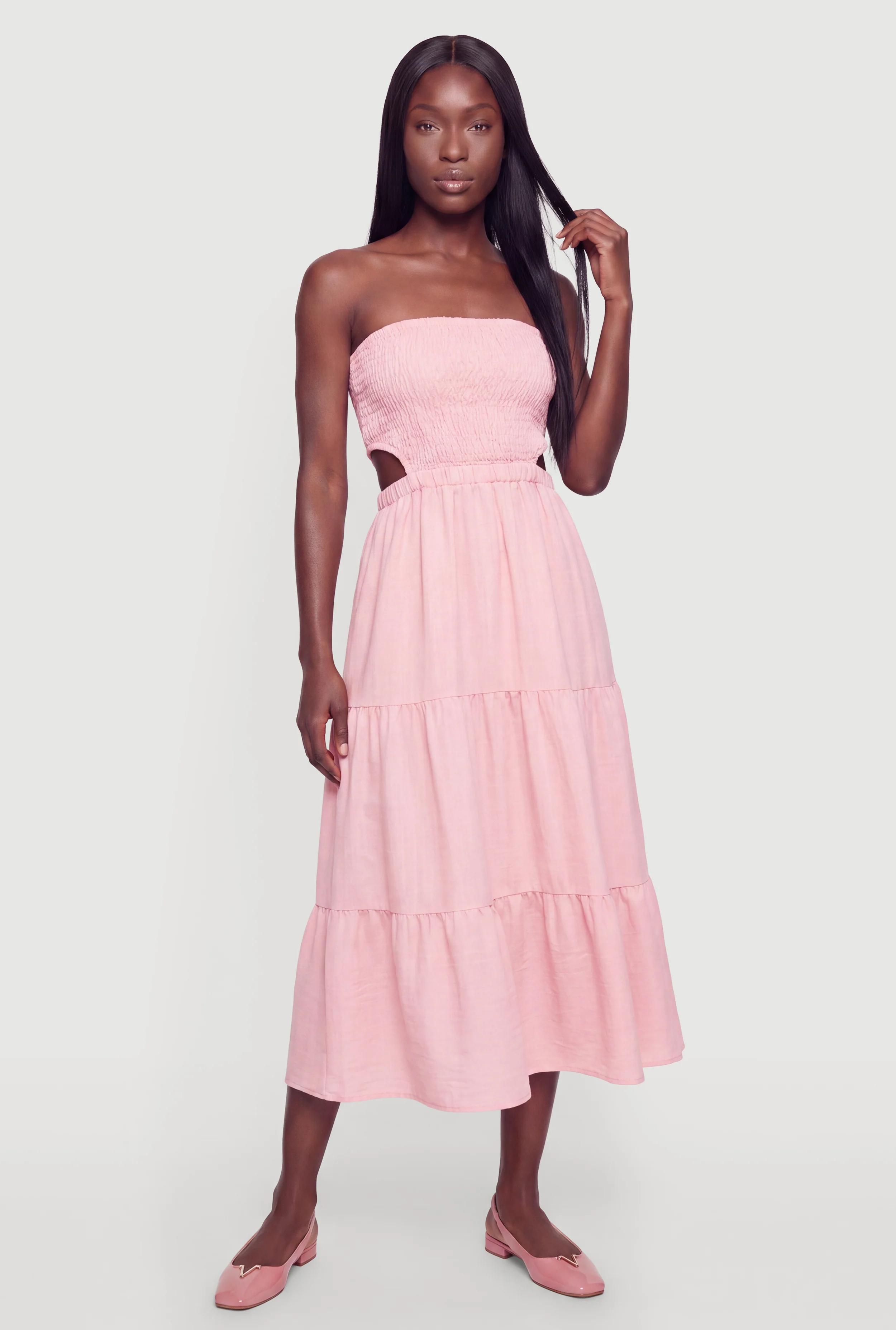 Smocked Cutout Strapless Tiered Maxi Dress
