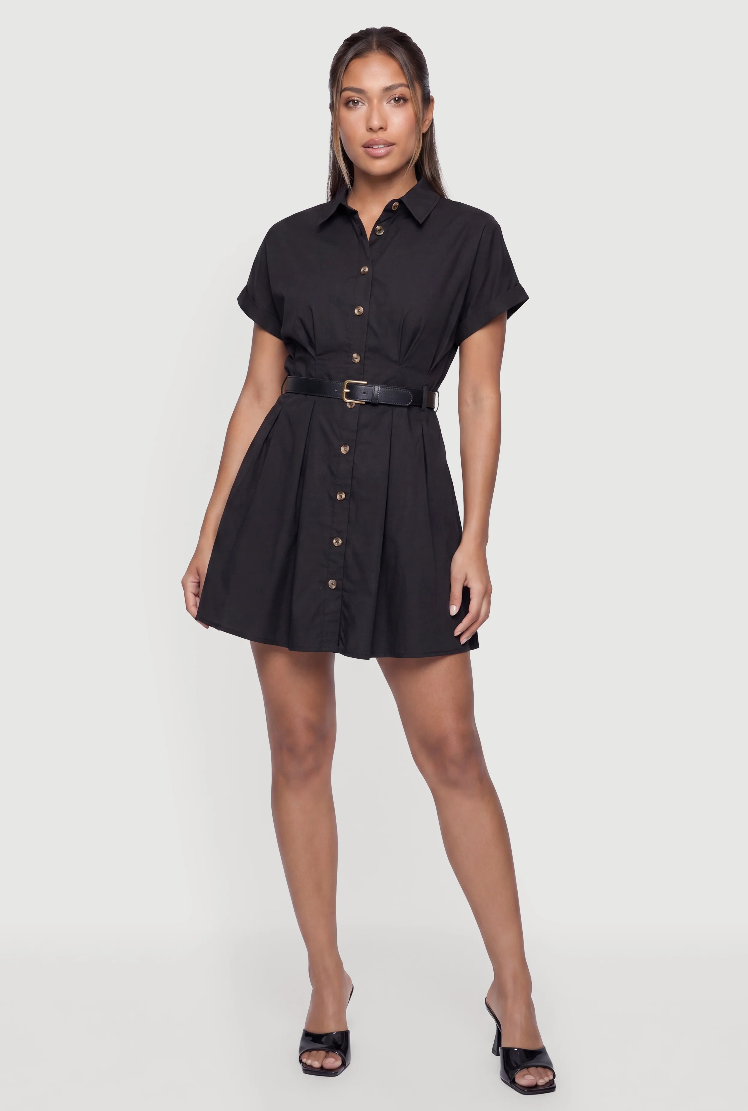 Belt Detail Button Front Short Sleeve Shirt Dress