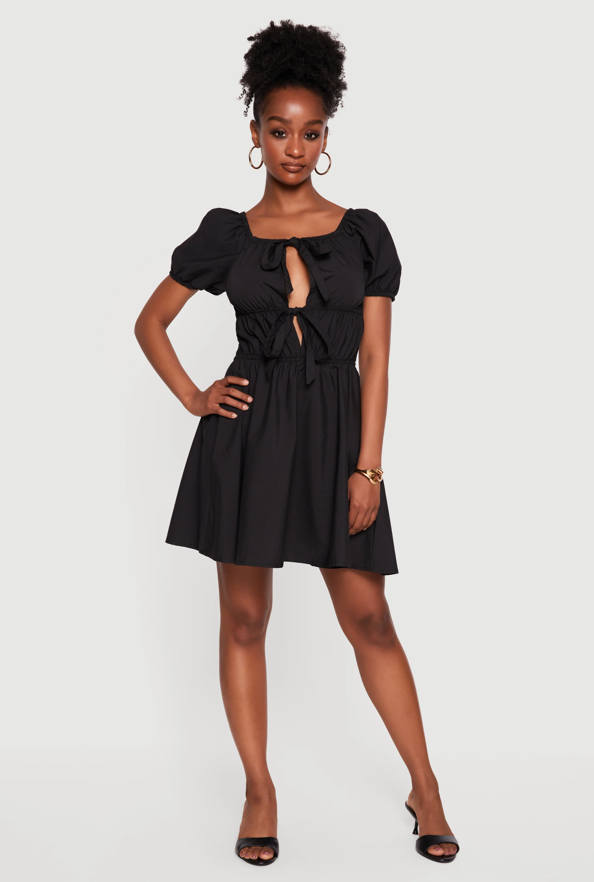Cutout Tie Front Puff Sleeve Mini Dress