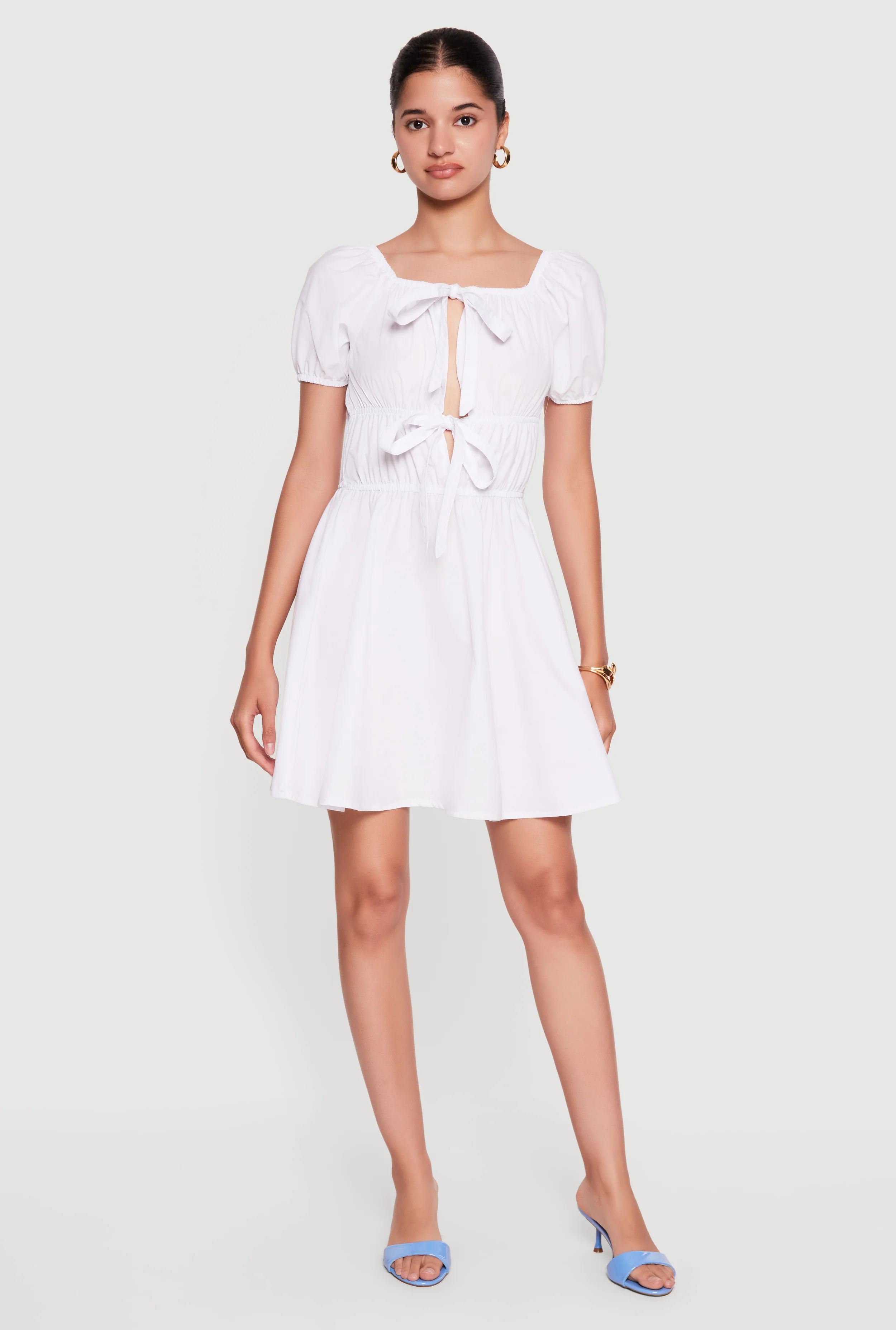 Cutout Tie Front Puff Sleeve Mini Dress