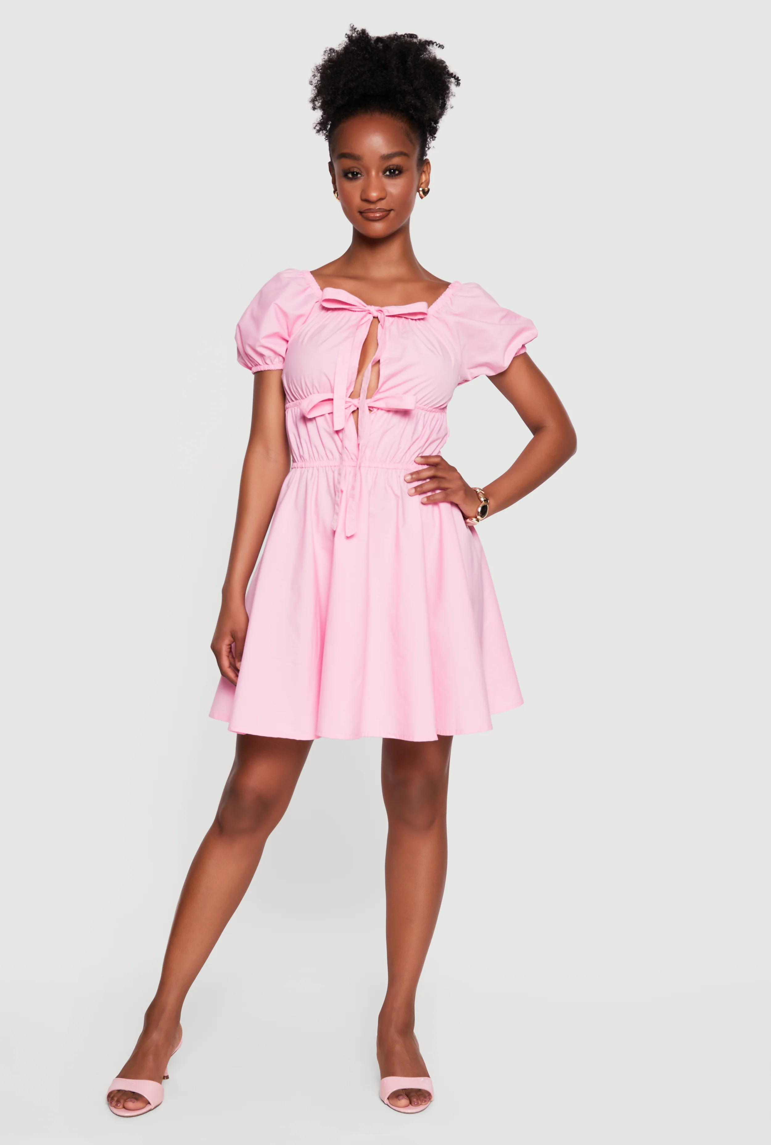 Cutout Tie Front Puff Sleeve Mini Dress