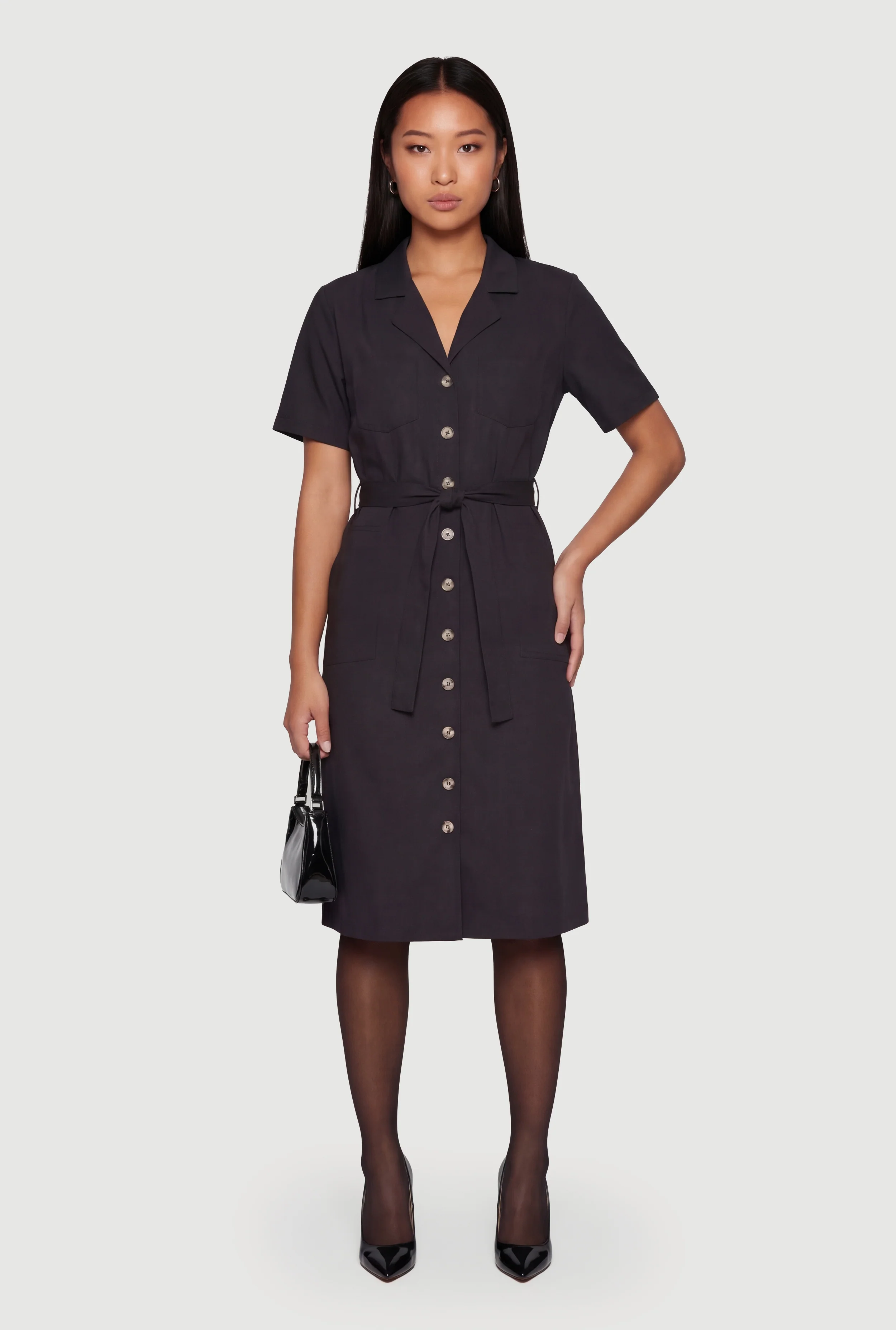 Poplin Tie Waist Belted Button Front Dress
