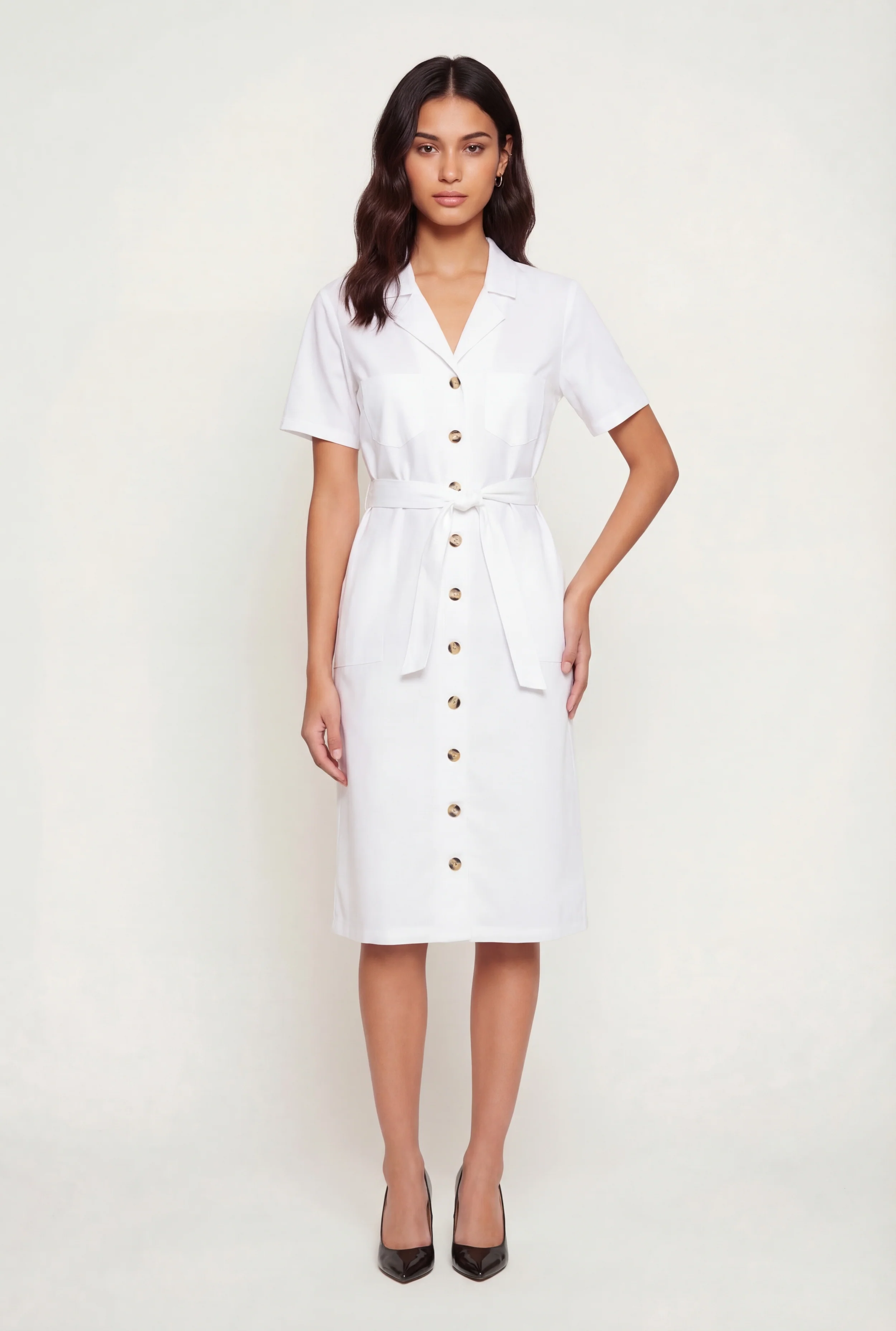 Poplin Tie Waist Belted Button Front Dress
