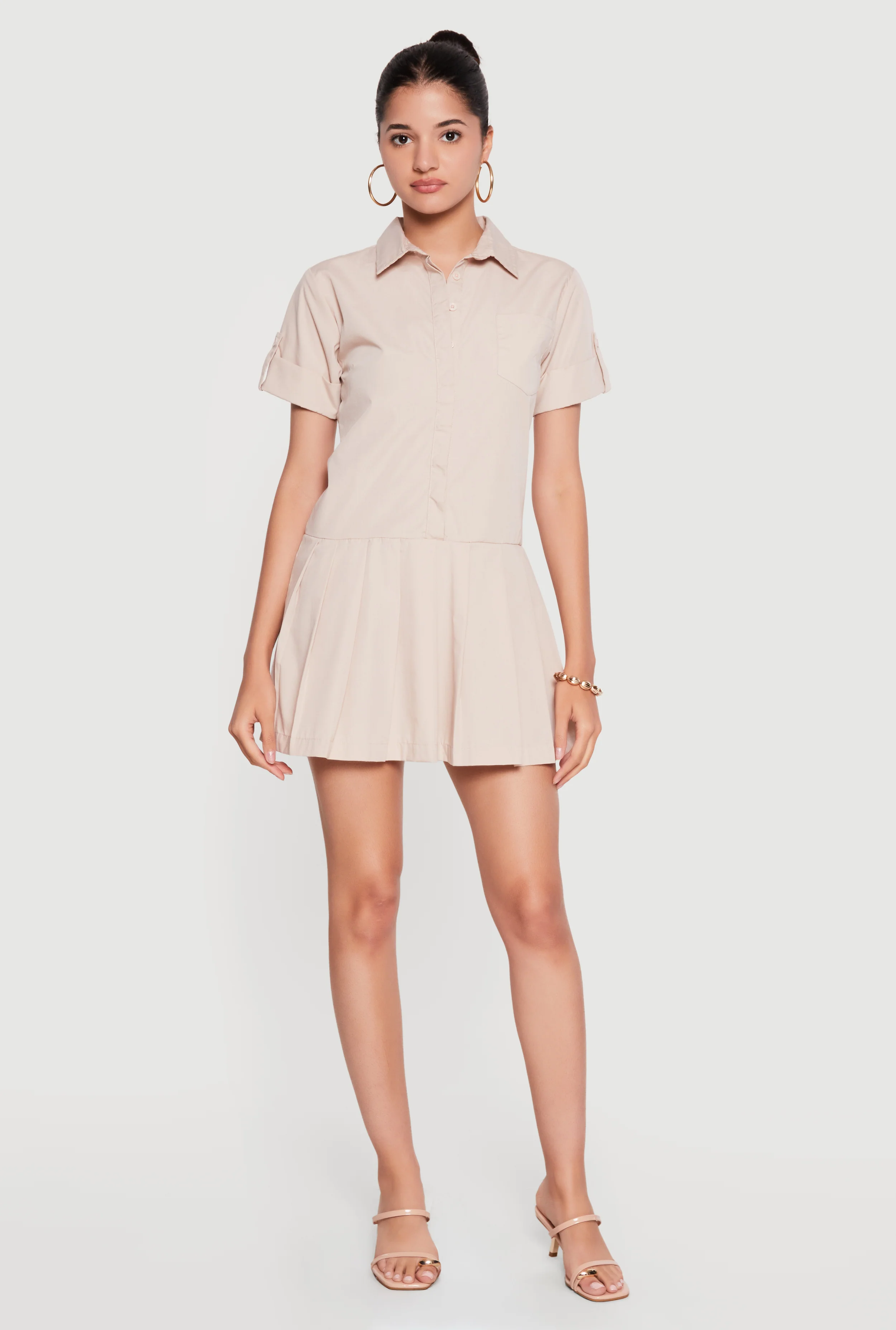 Poplin Short Sleeve Skater Shirt Dress