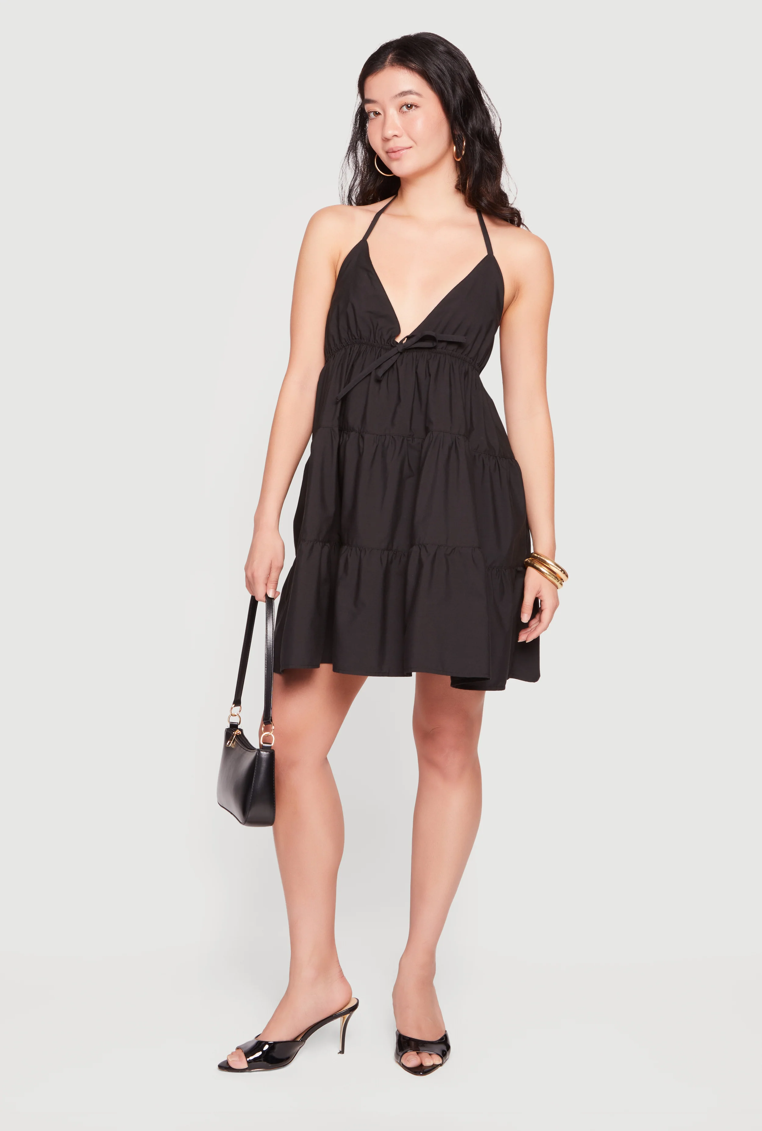 Sleeveless Tie Front Tiered Halter Mini Dress