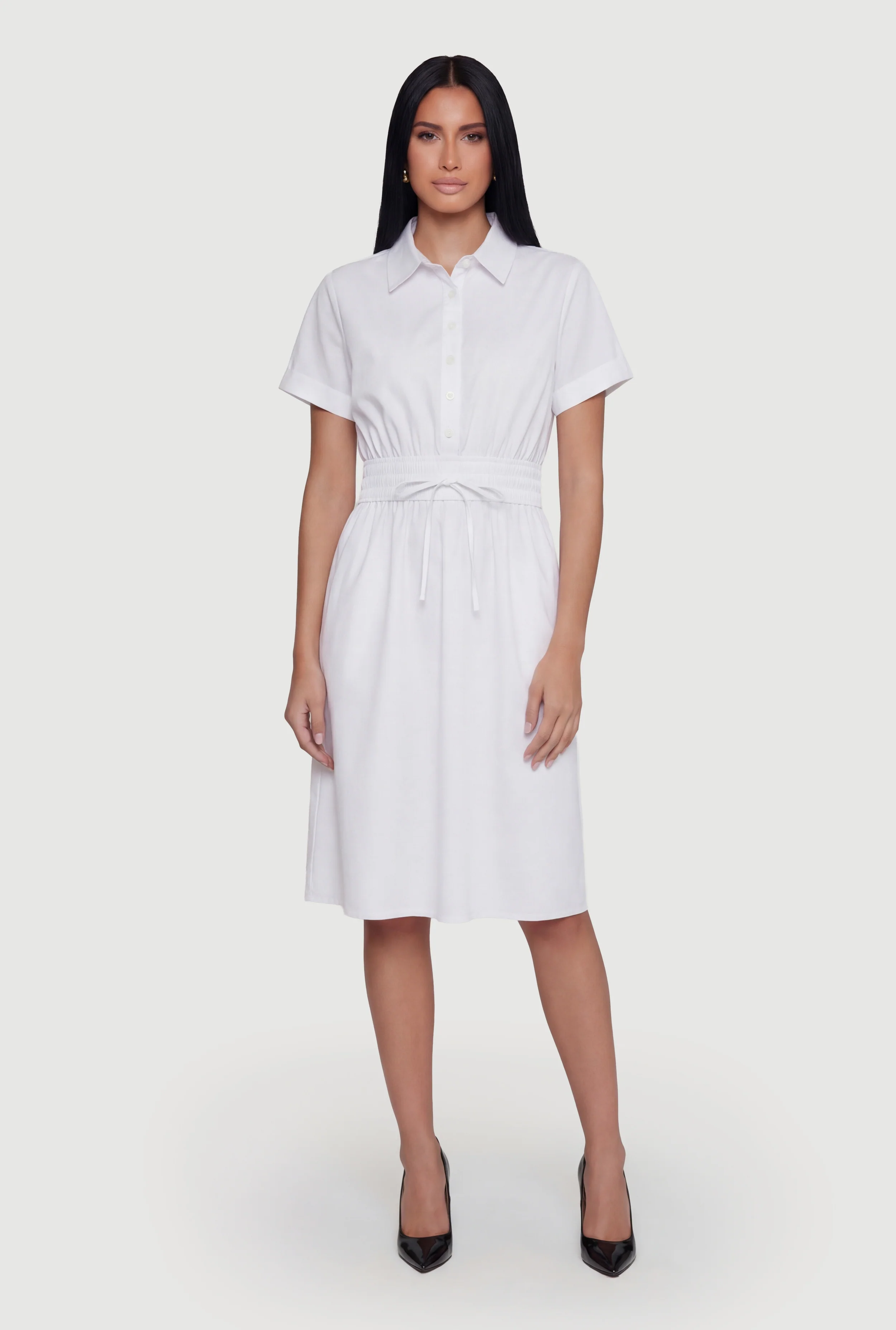 Poplin Half Button Front Drawstring Waist Shirt Dress