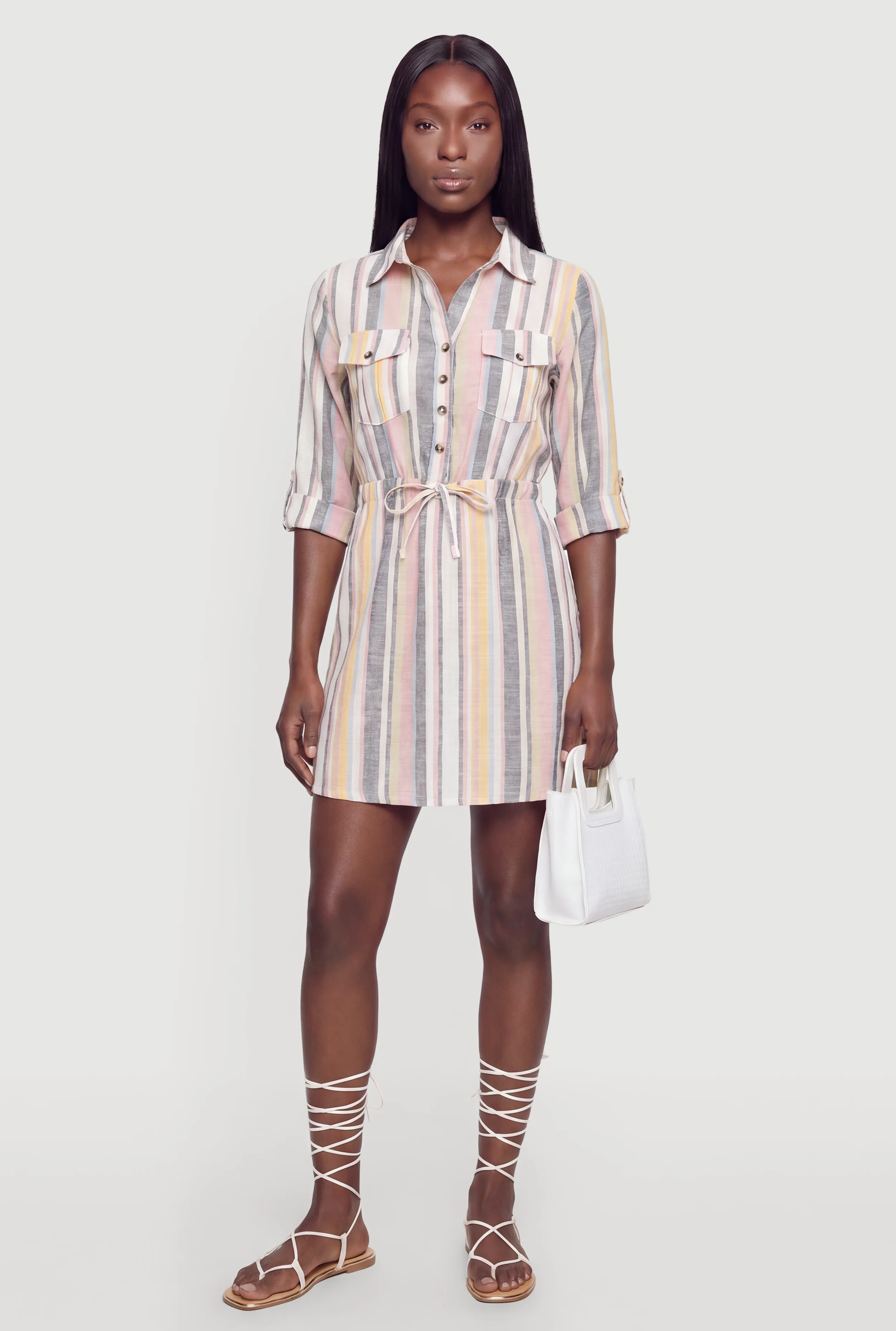 Tabbed Sleeve Striped Shirt Dress