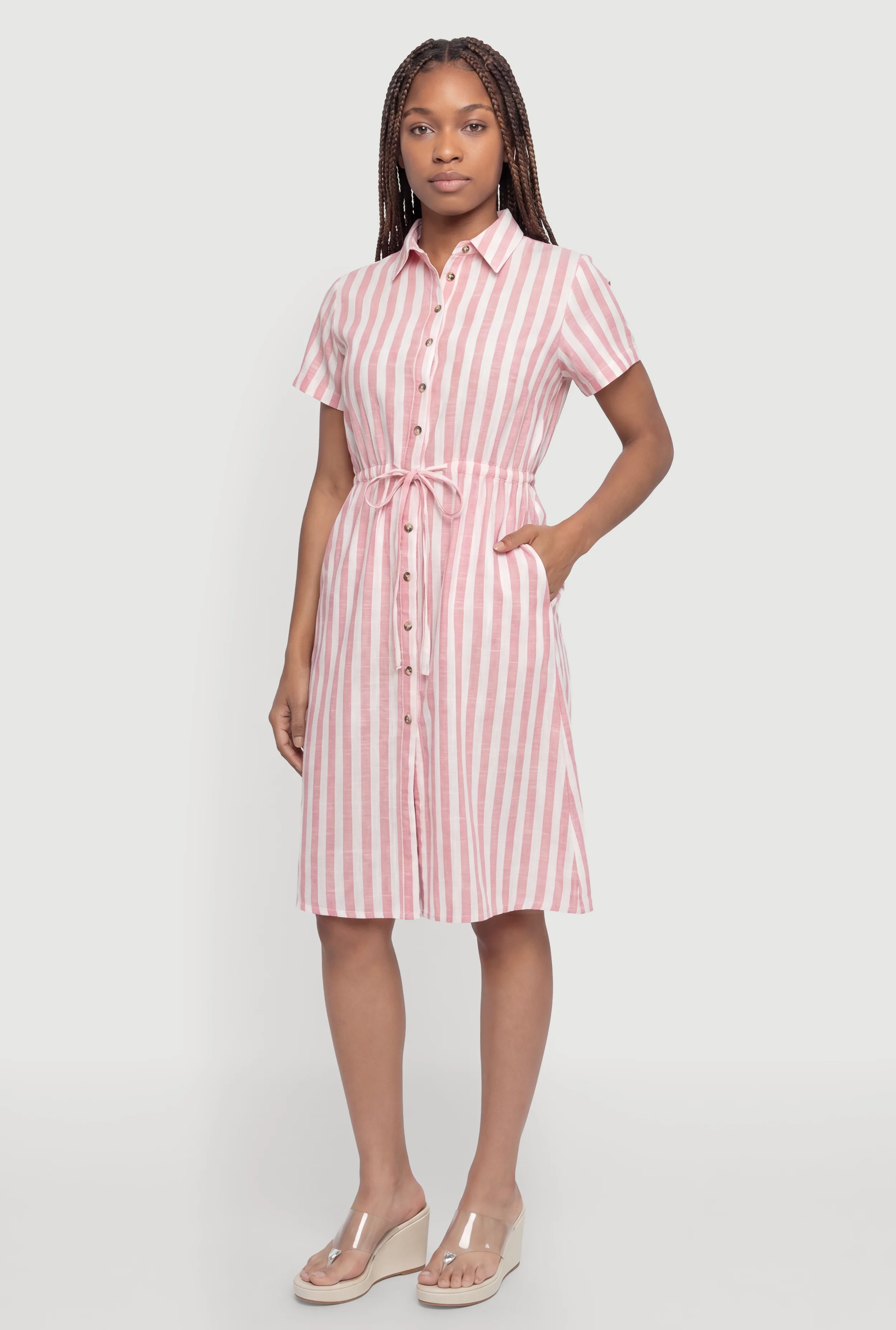 Striped Drawstring Waist Midi Shirt Dress
