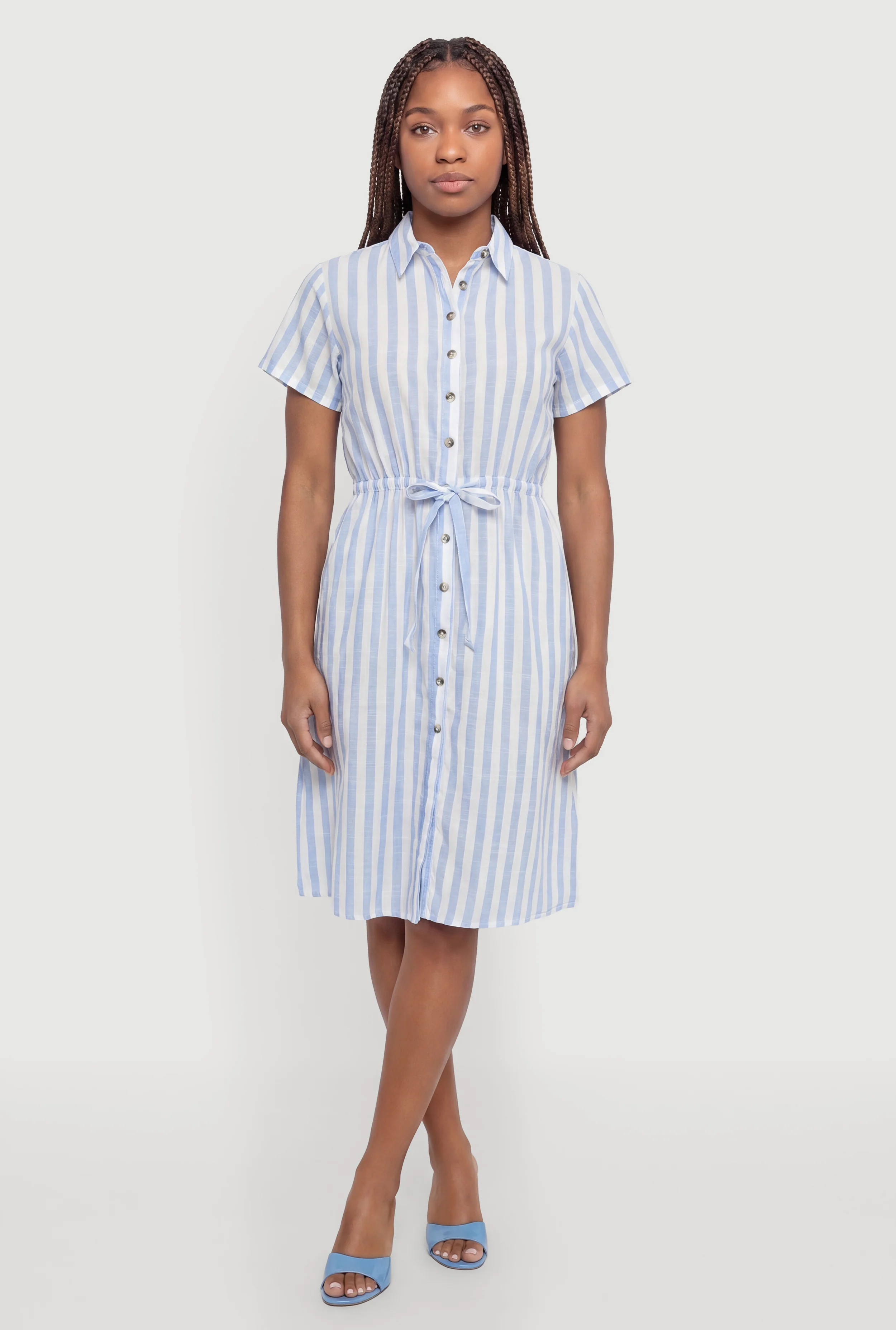 Striped Drawstring Waist Midi Shirt Dress