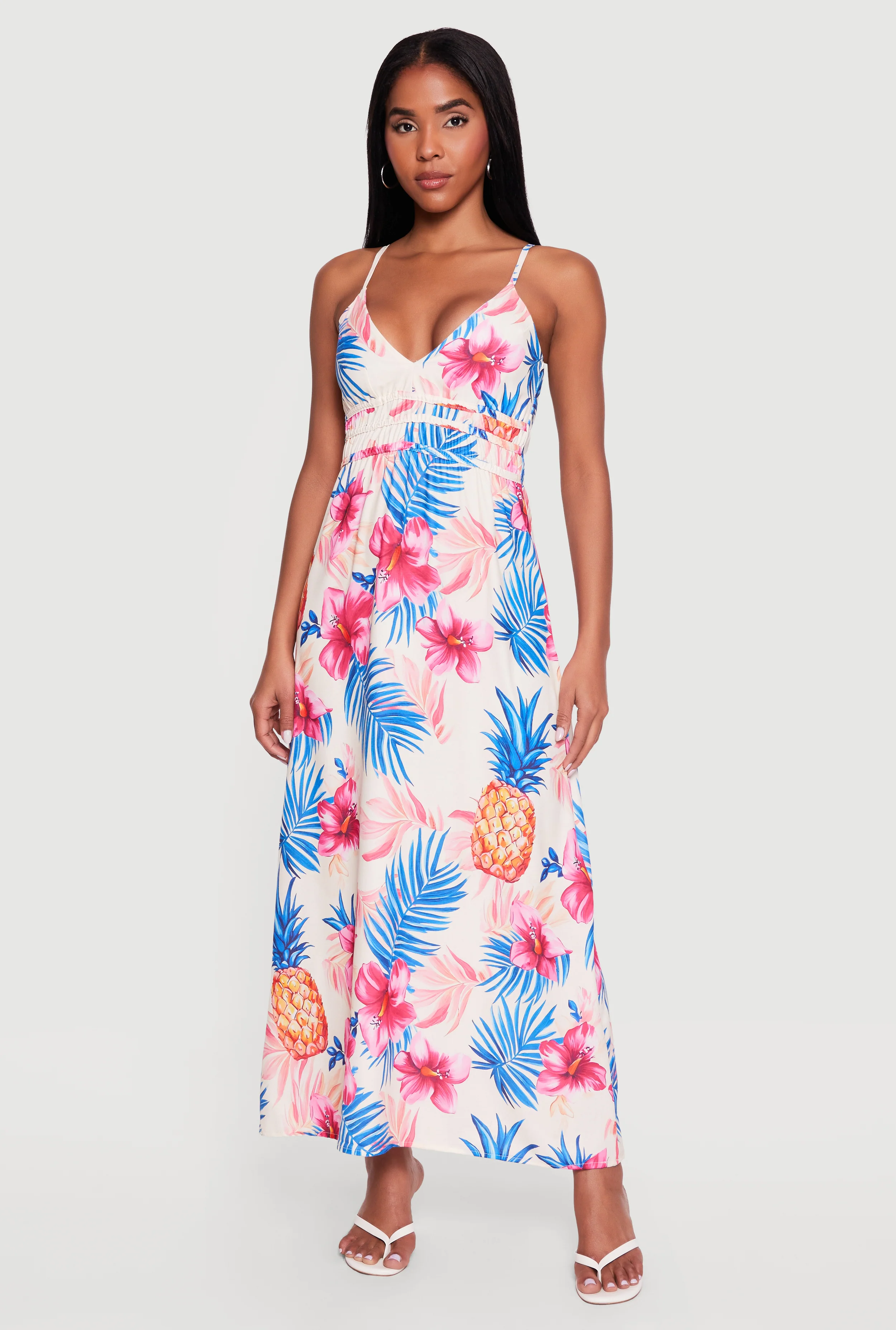 Pineapple Print V-Neck Cami Maxi Dress