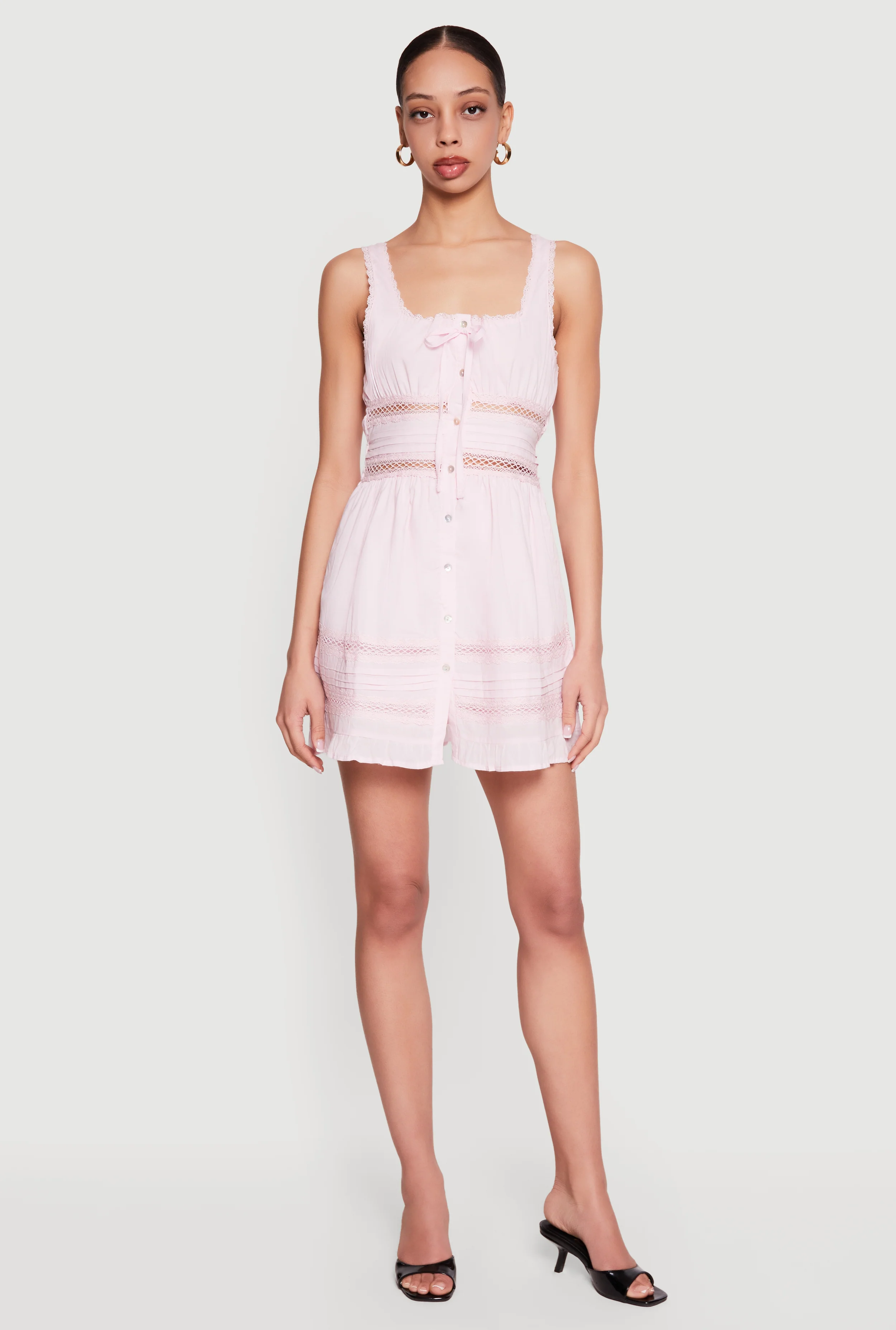 Lace Trim Button Front Mini Dress