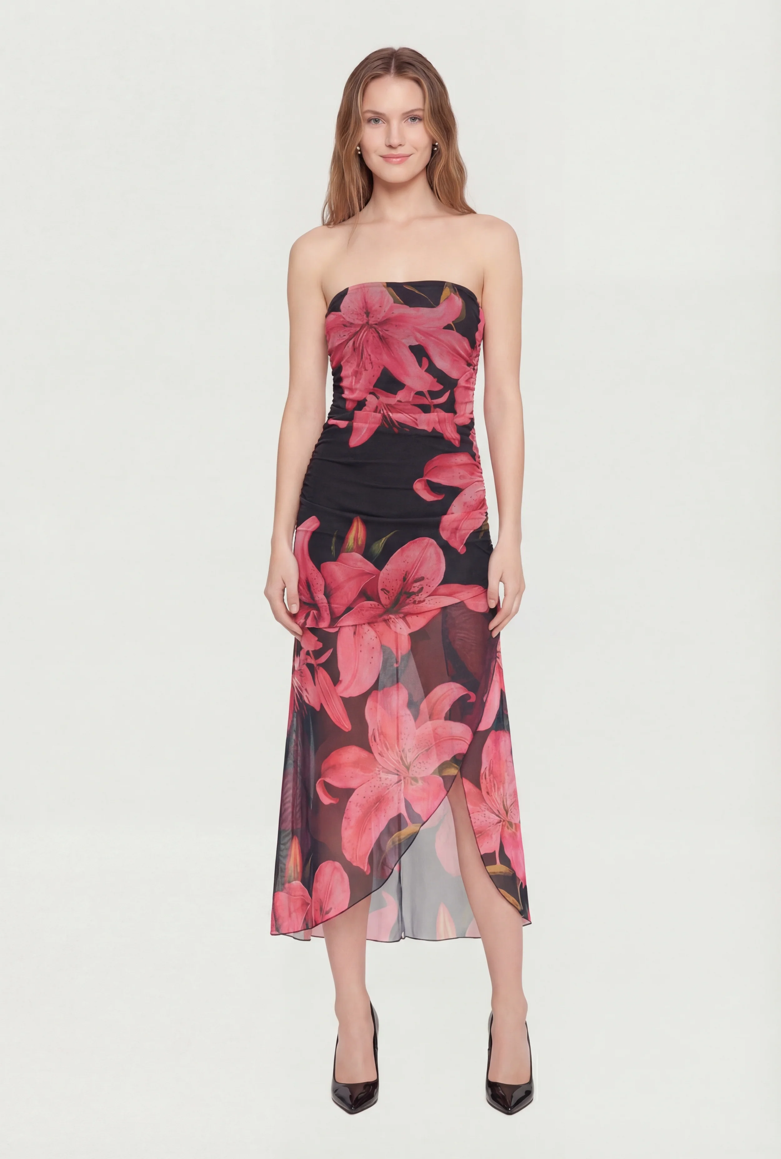 Floral Mesh Ruched Side Tube Midi Dress