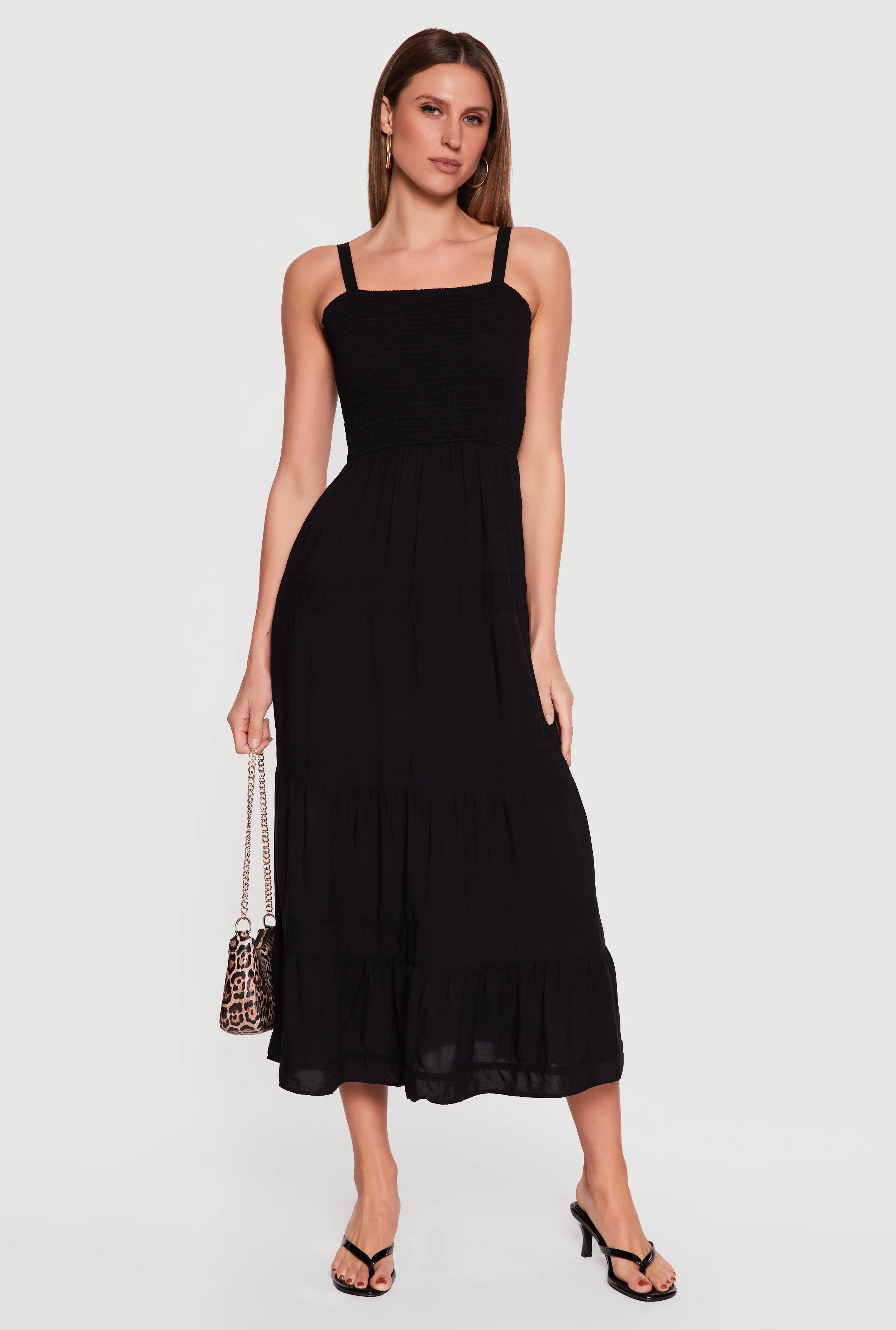 Square Neck Smocked Tiered Midi Dress