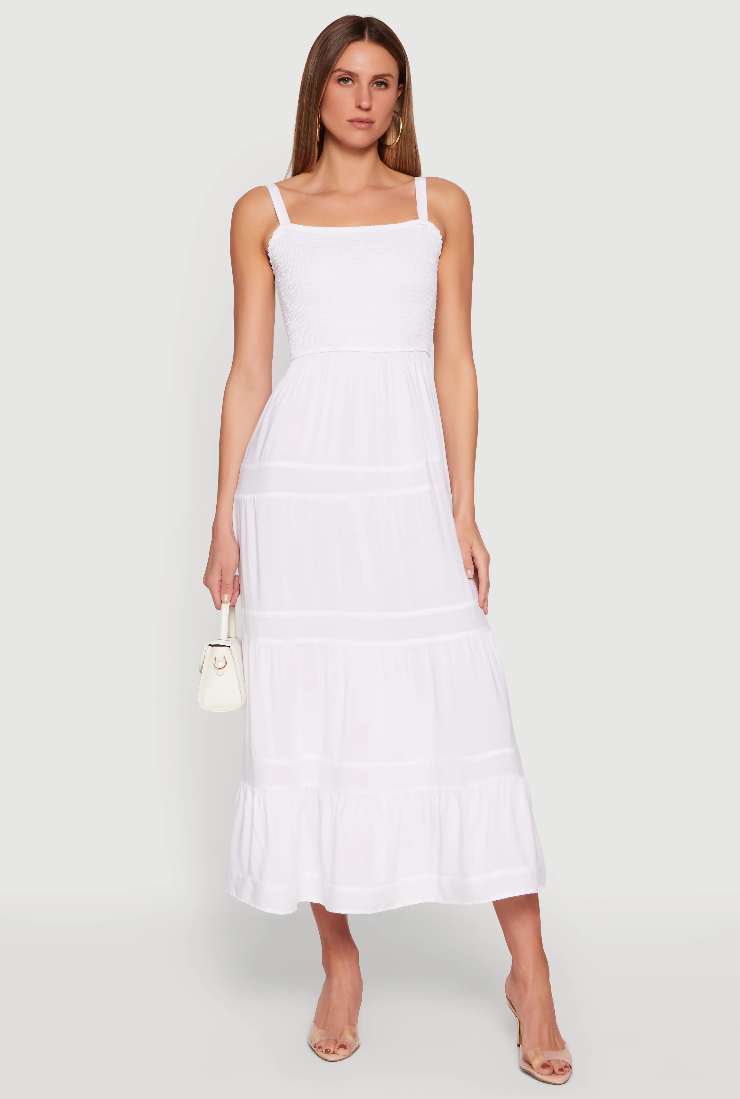 Square Neck Smocked Tiered Midi Dress