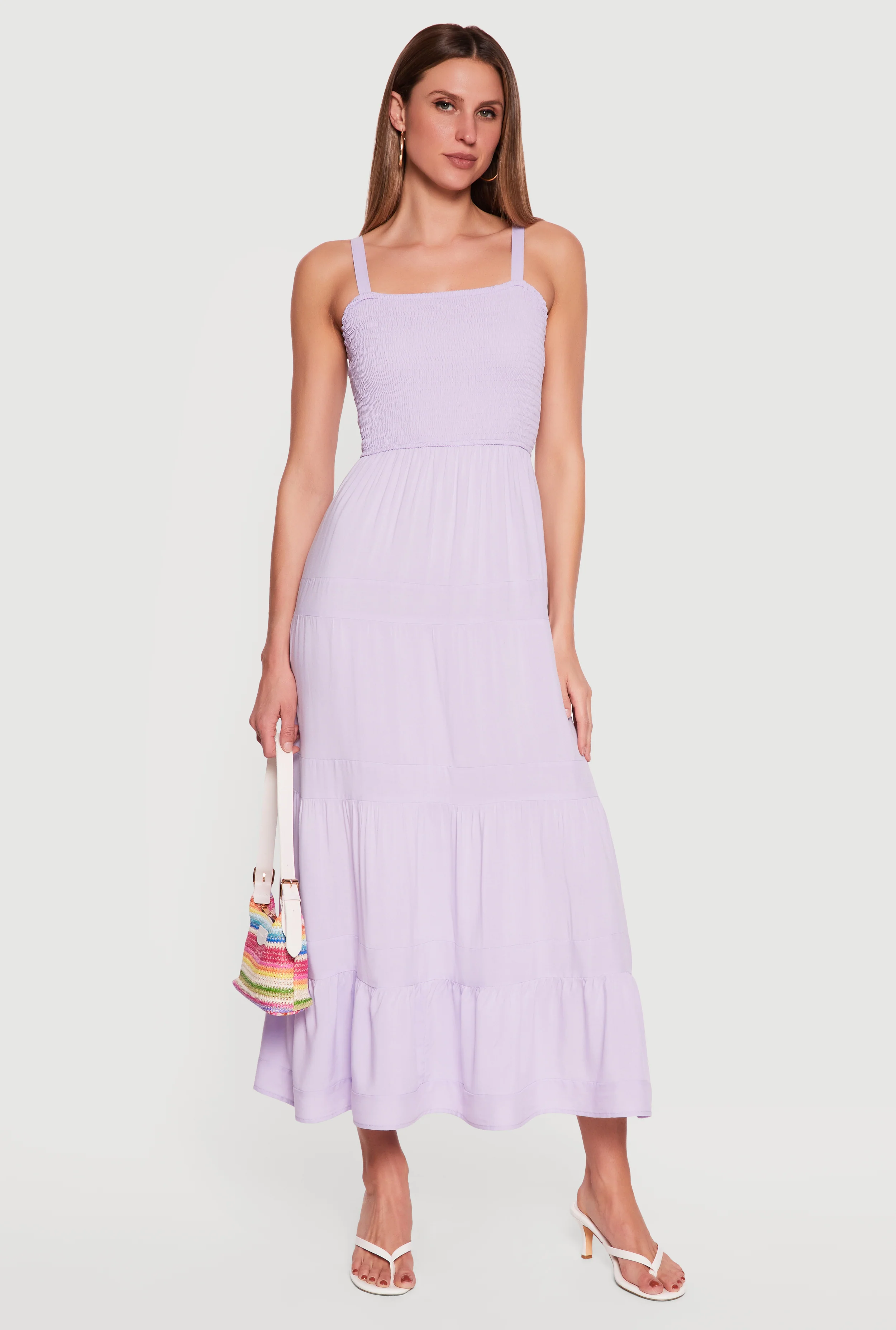 Square Neck Smocked Tiered Midi Dress