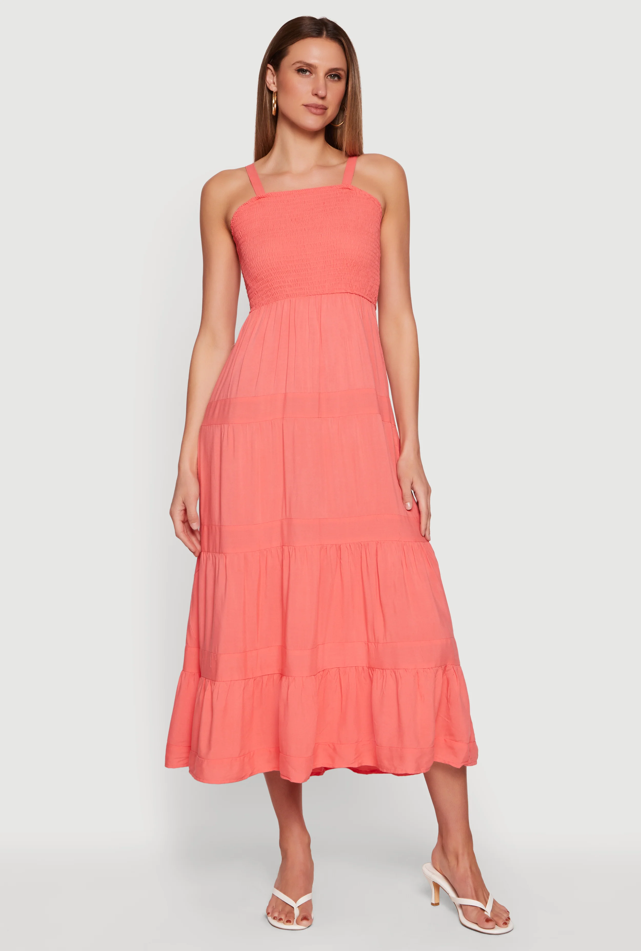 Square Neck Smocked Tiered Midi Dress