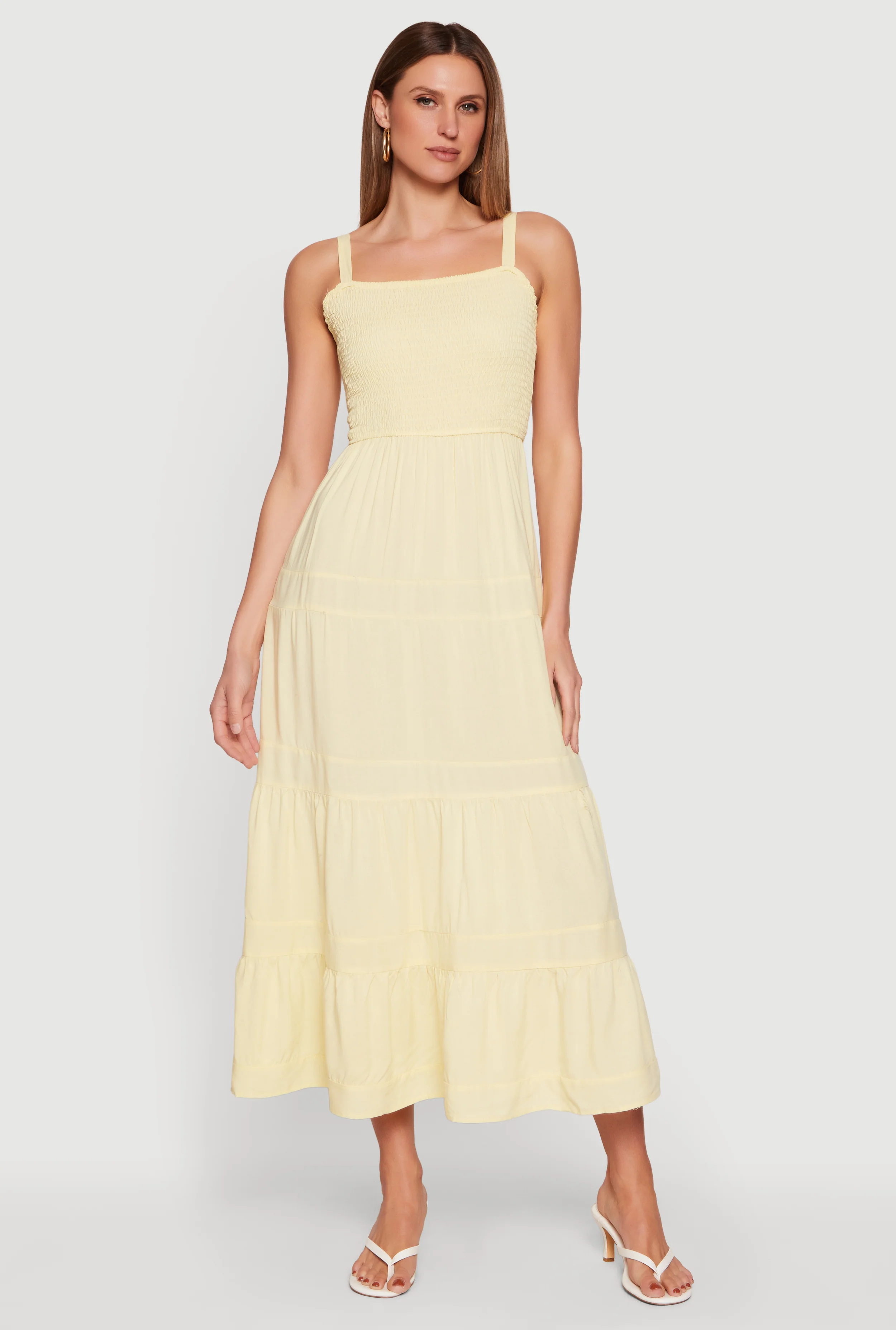 Square Neck Smocked Tiered Midi Dress