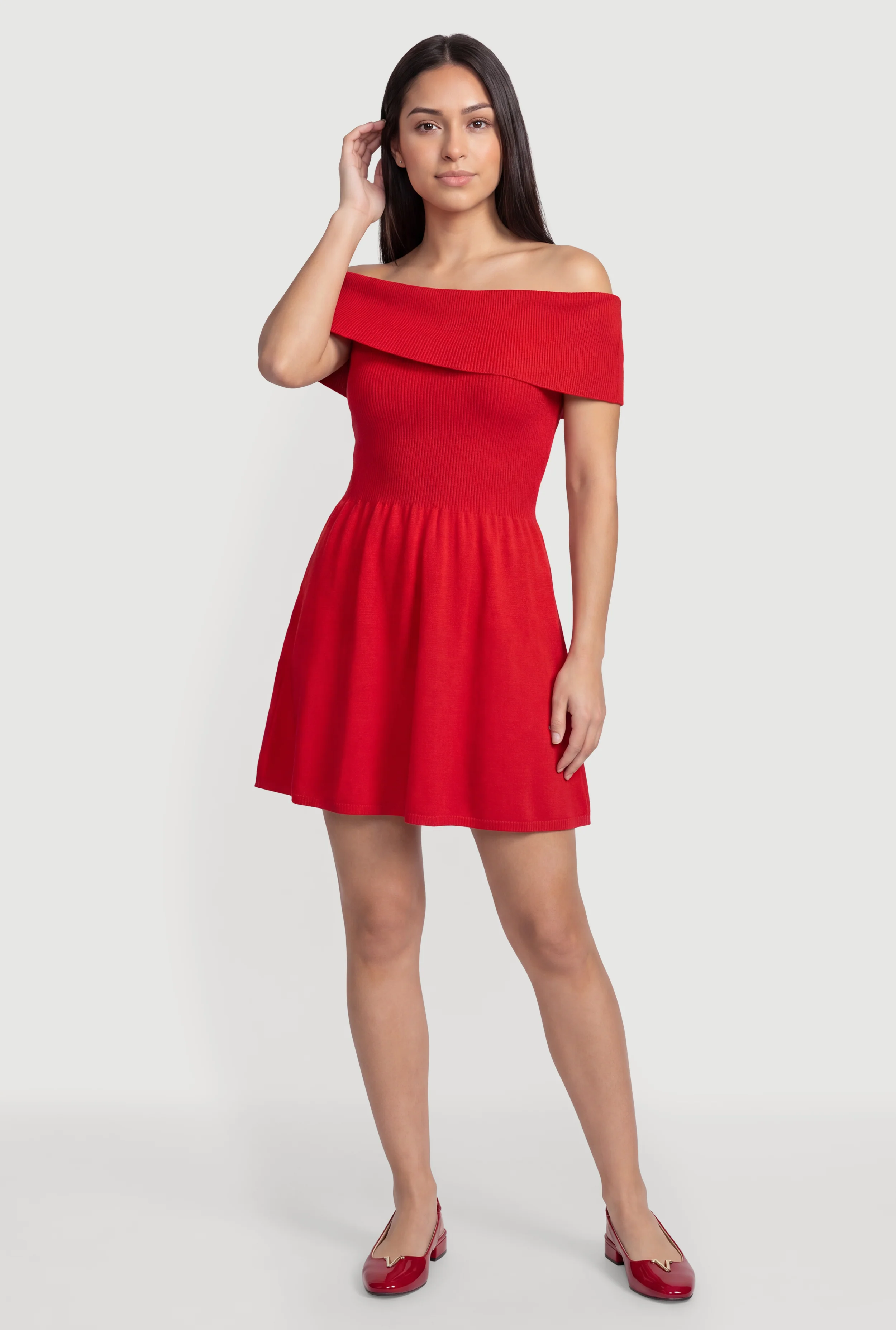Fold Over Off The Shoulder Skater Dress