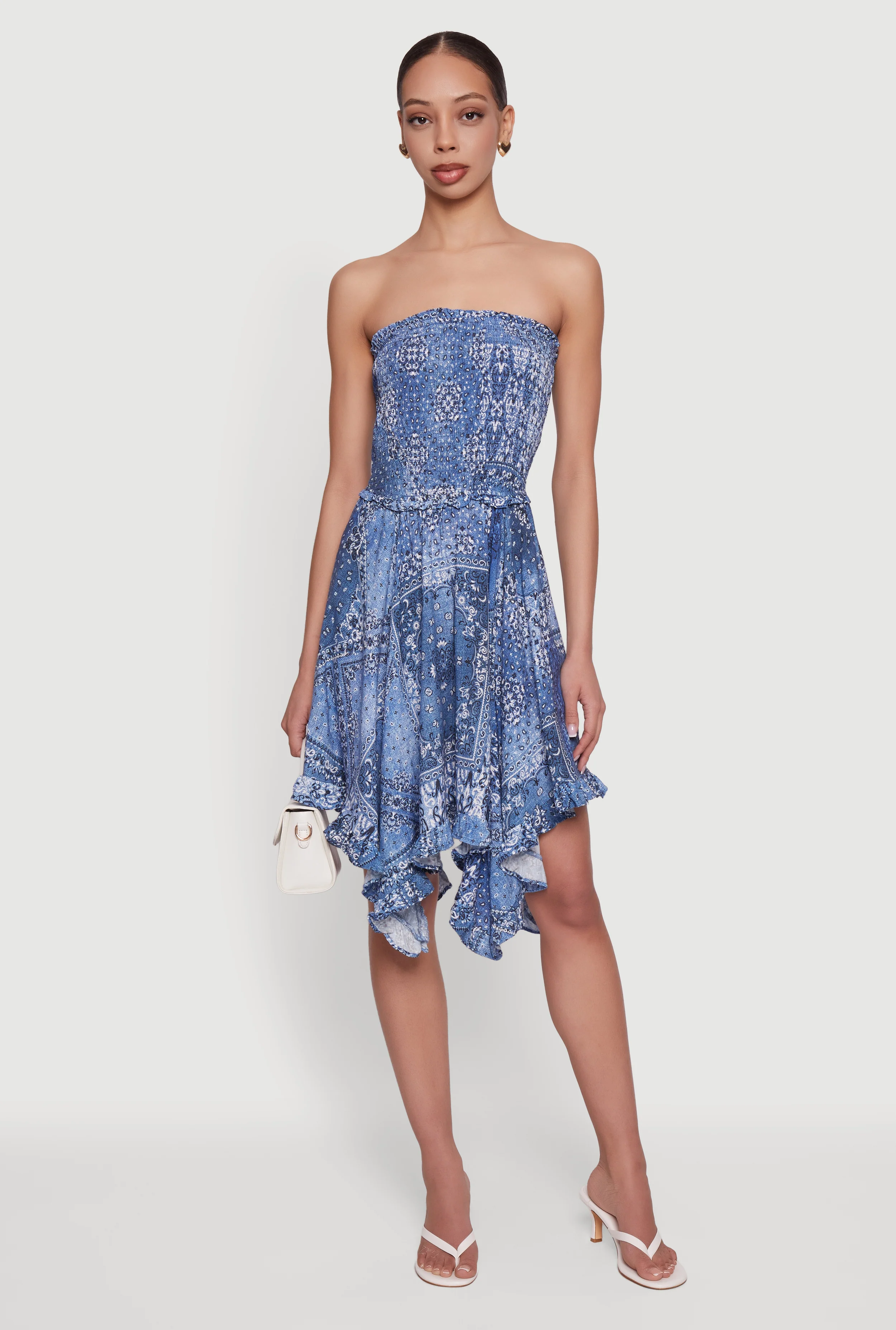 Bandana Print Sharkbite Hem Ruffle Trim Midi Dress