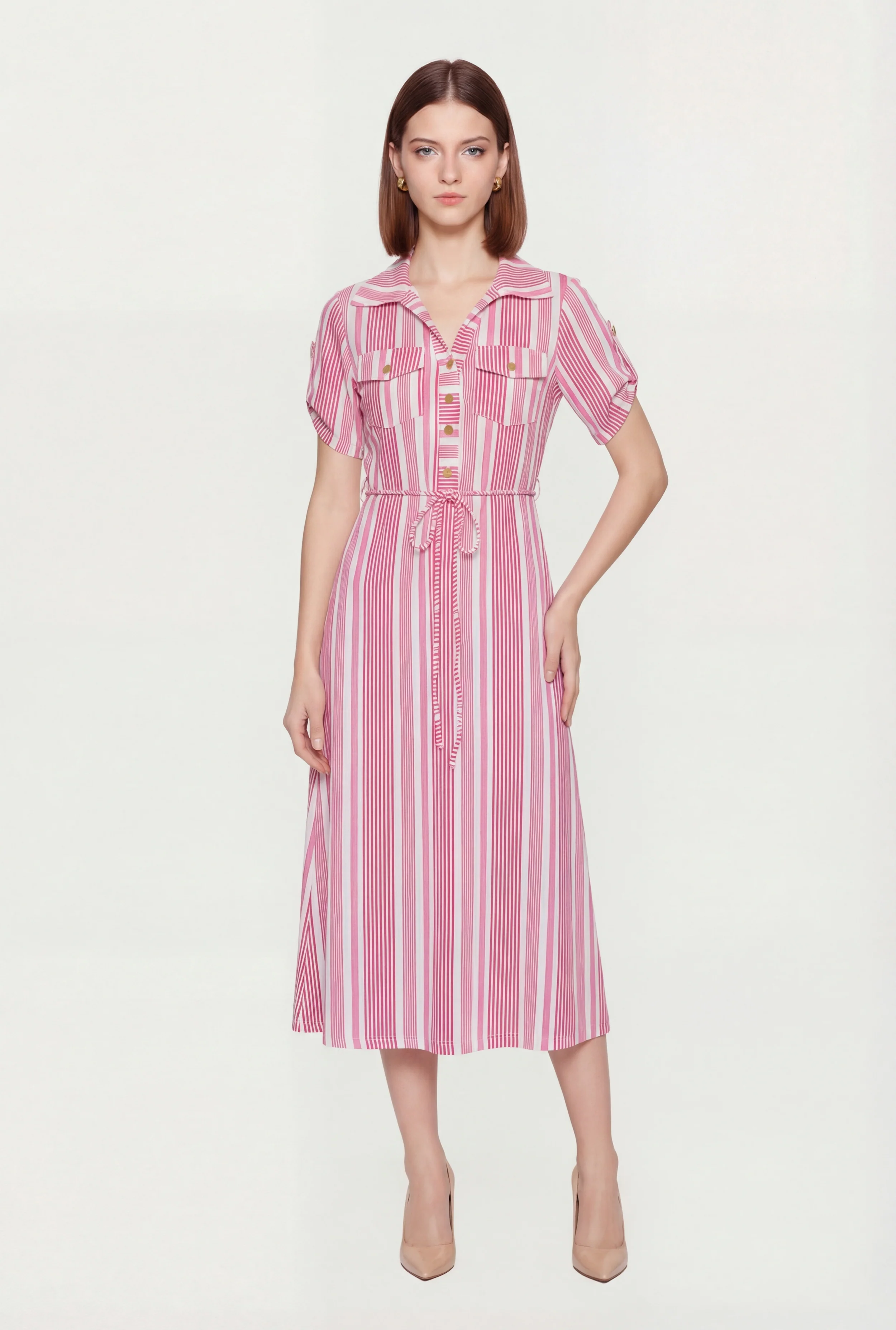 Striped Half Button Front Shirt Dress with Tie Waist Belt