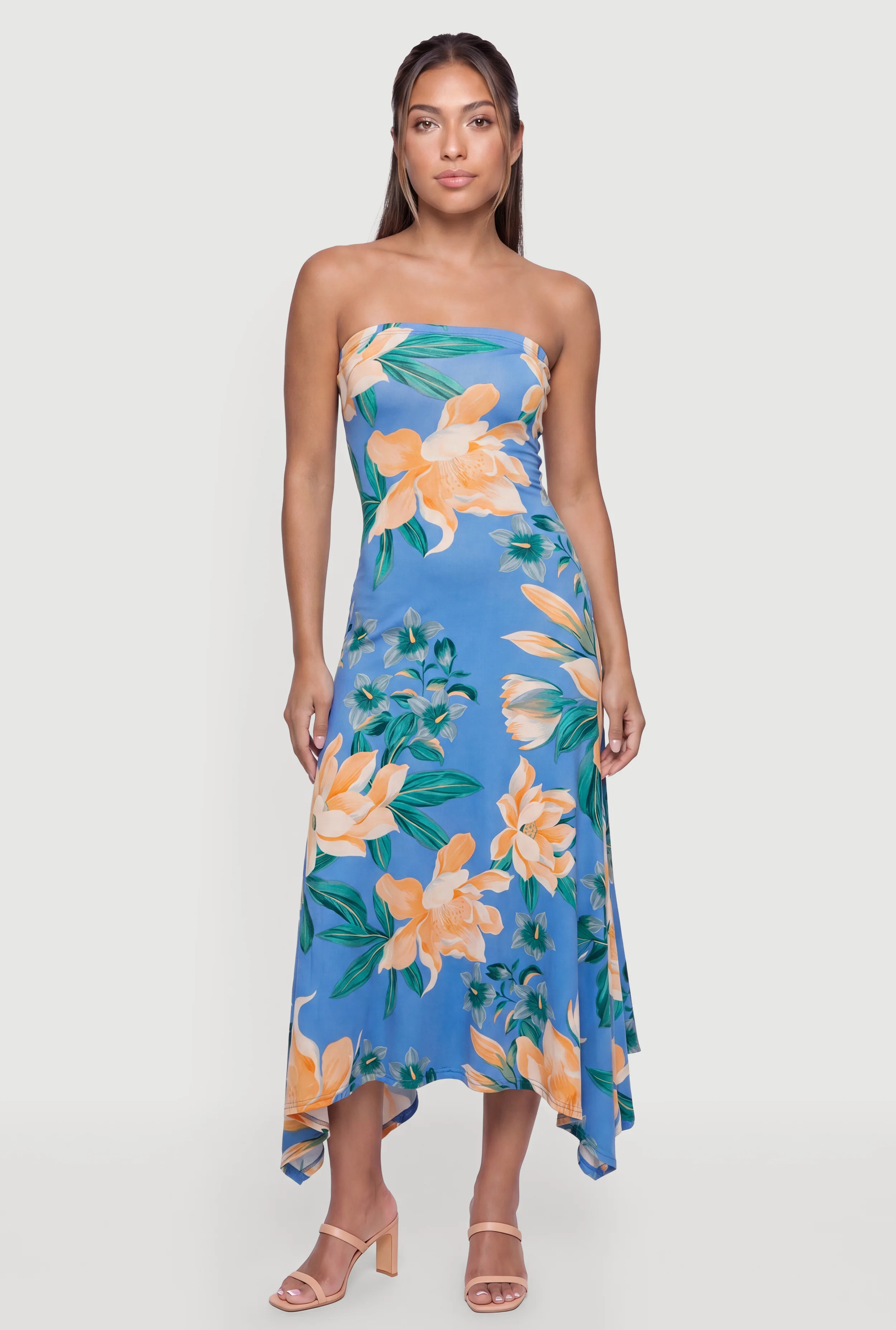 Floral Print Sharkbite Hem Tube Maxi Dress