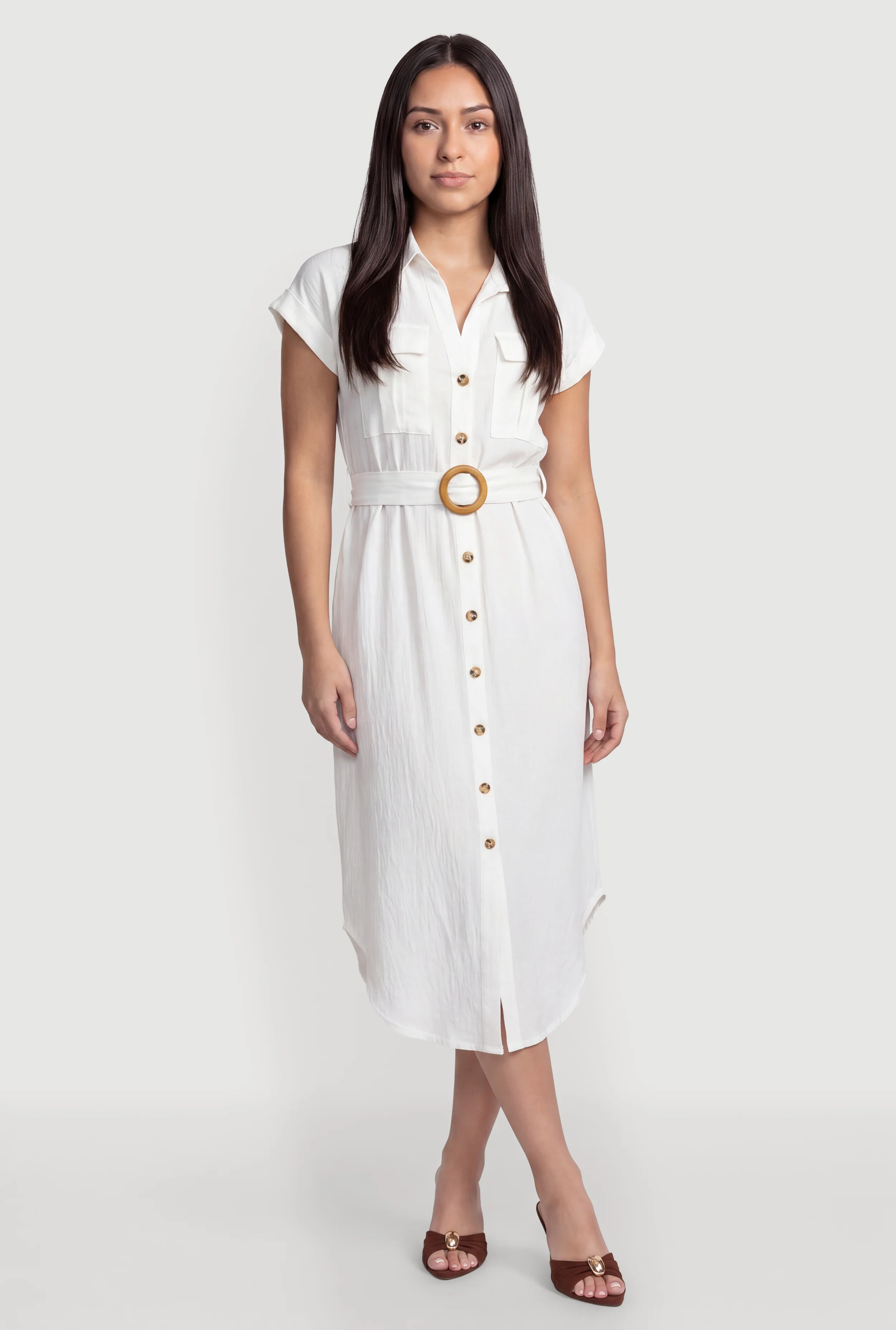 Crepe Knit Button Front Belted Shirt Dress
