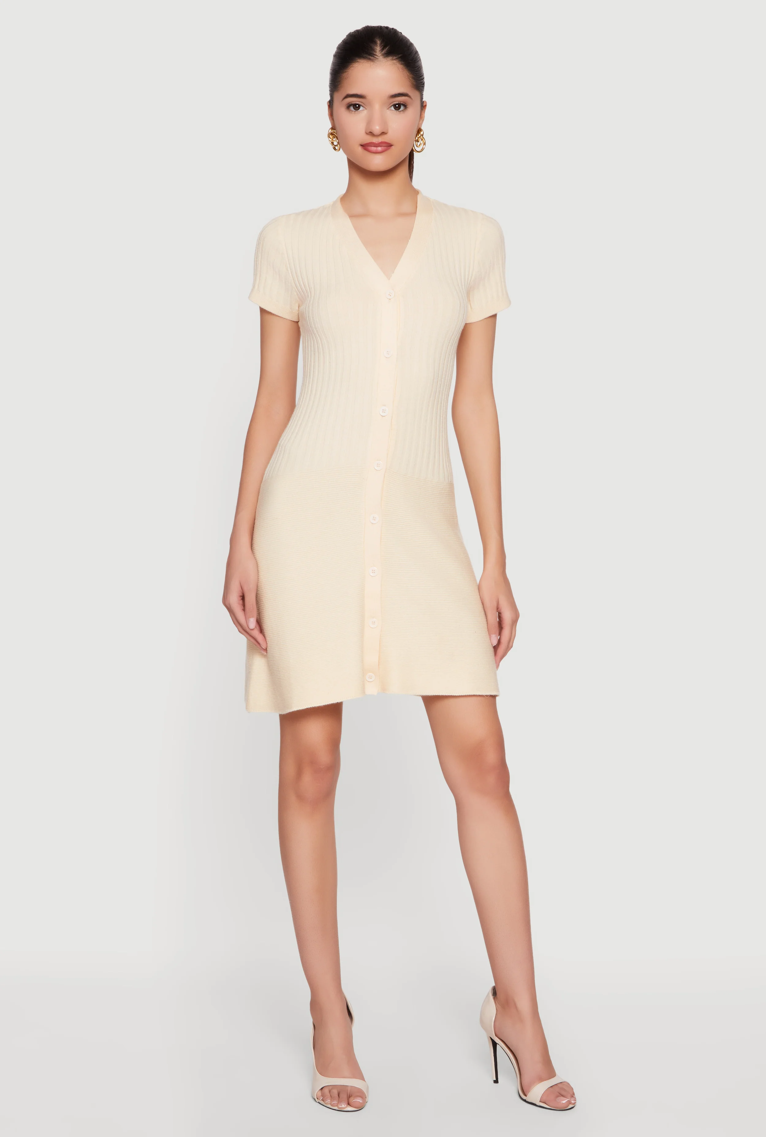 Rib Knit Short Sleeve Button Front Mini Dress