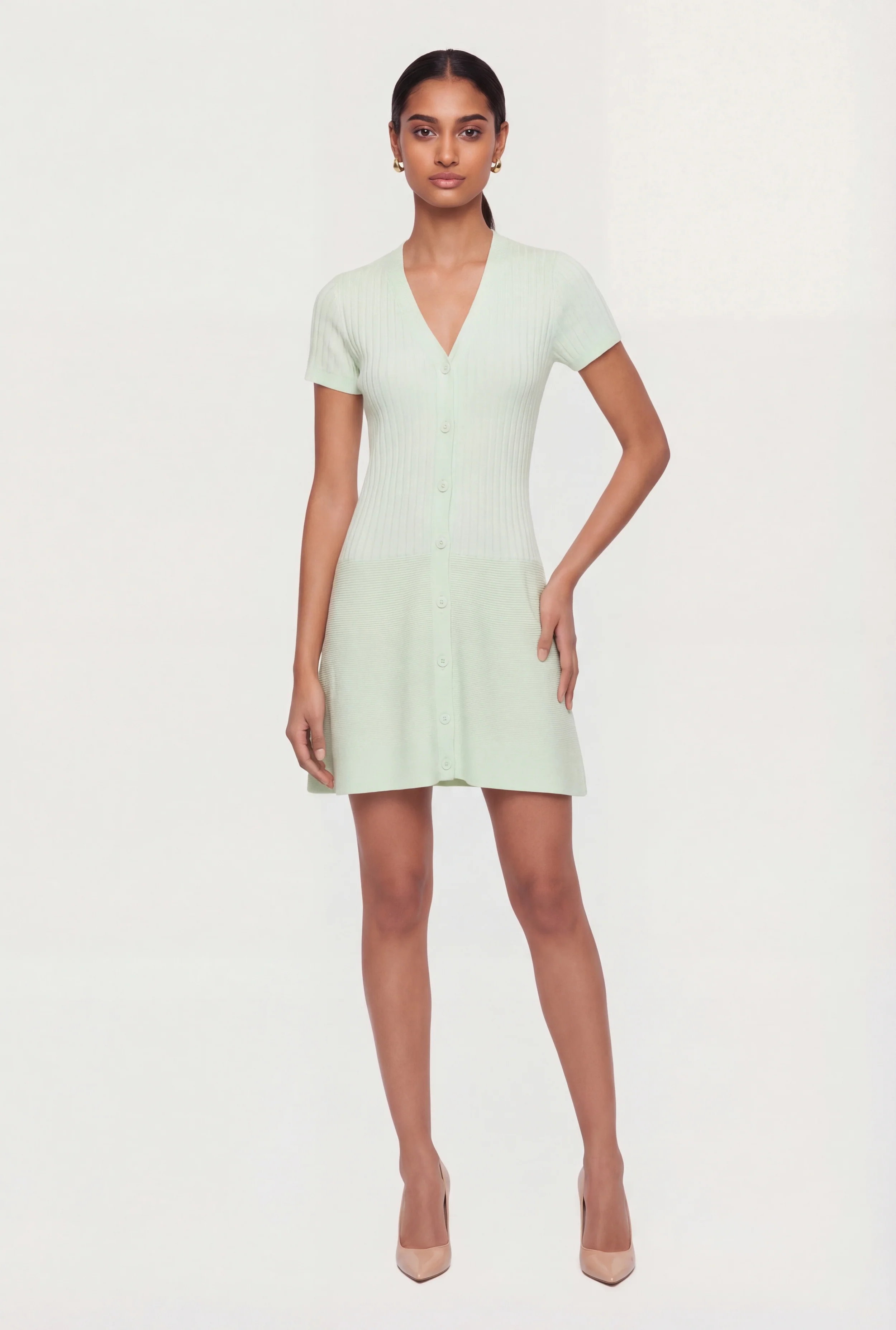 Rib Knit Short Sleeve Button Front Mini Dress
