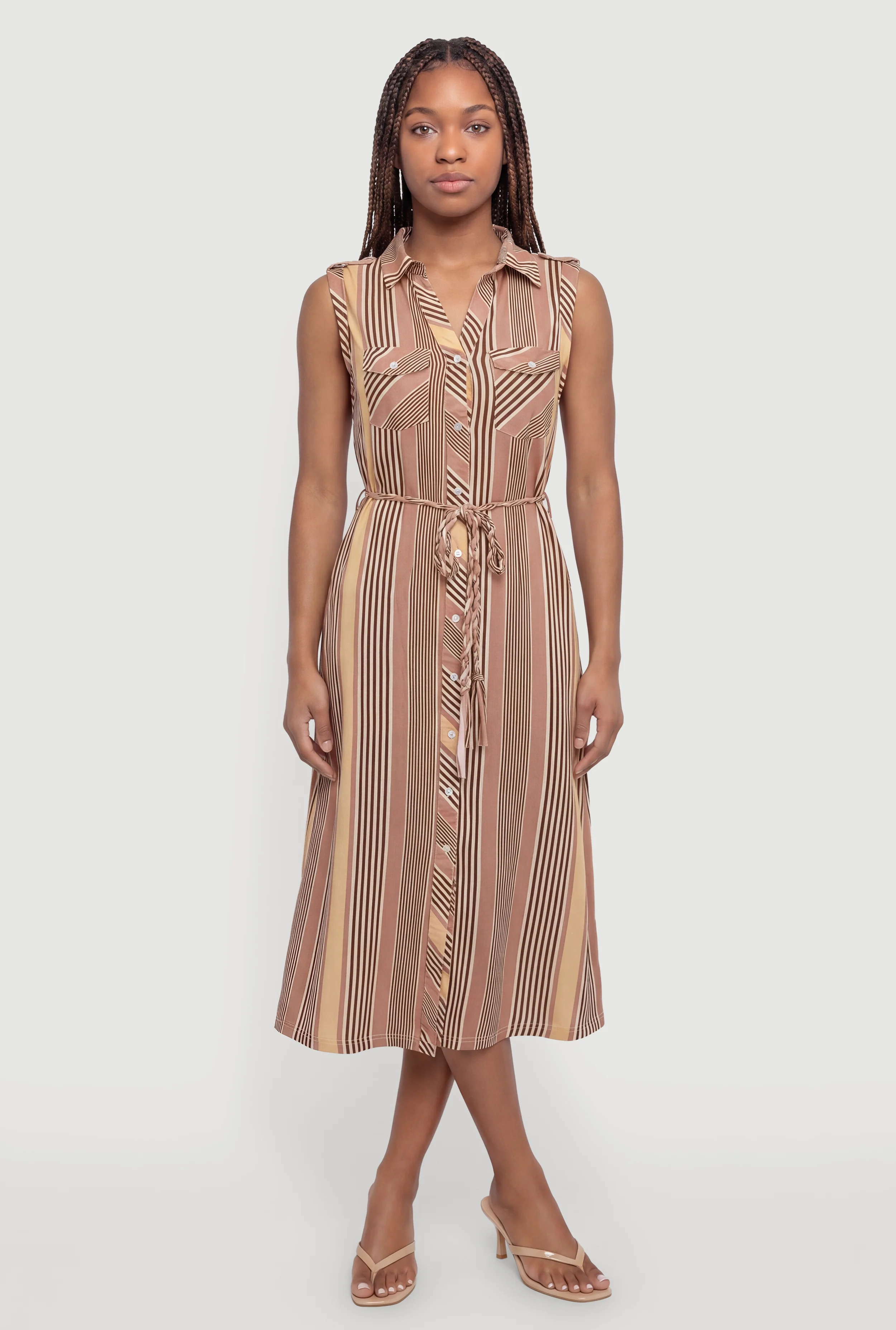 Sleeveless Striped Midi Shirt Dress