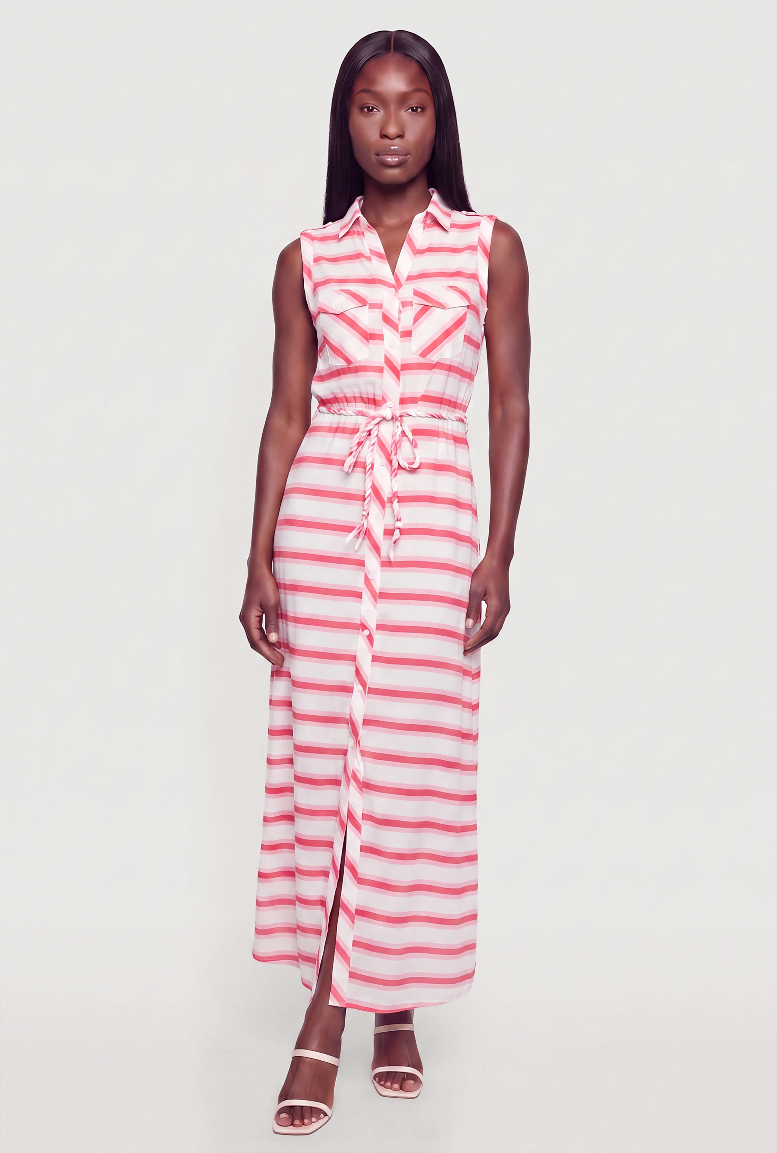 Striped Tie Waist Belted Maxi Shirt Dress