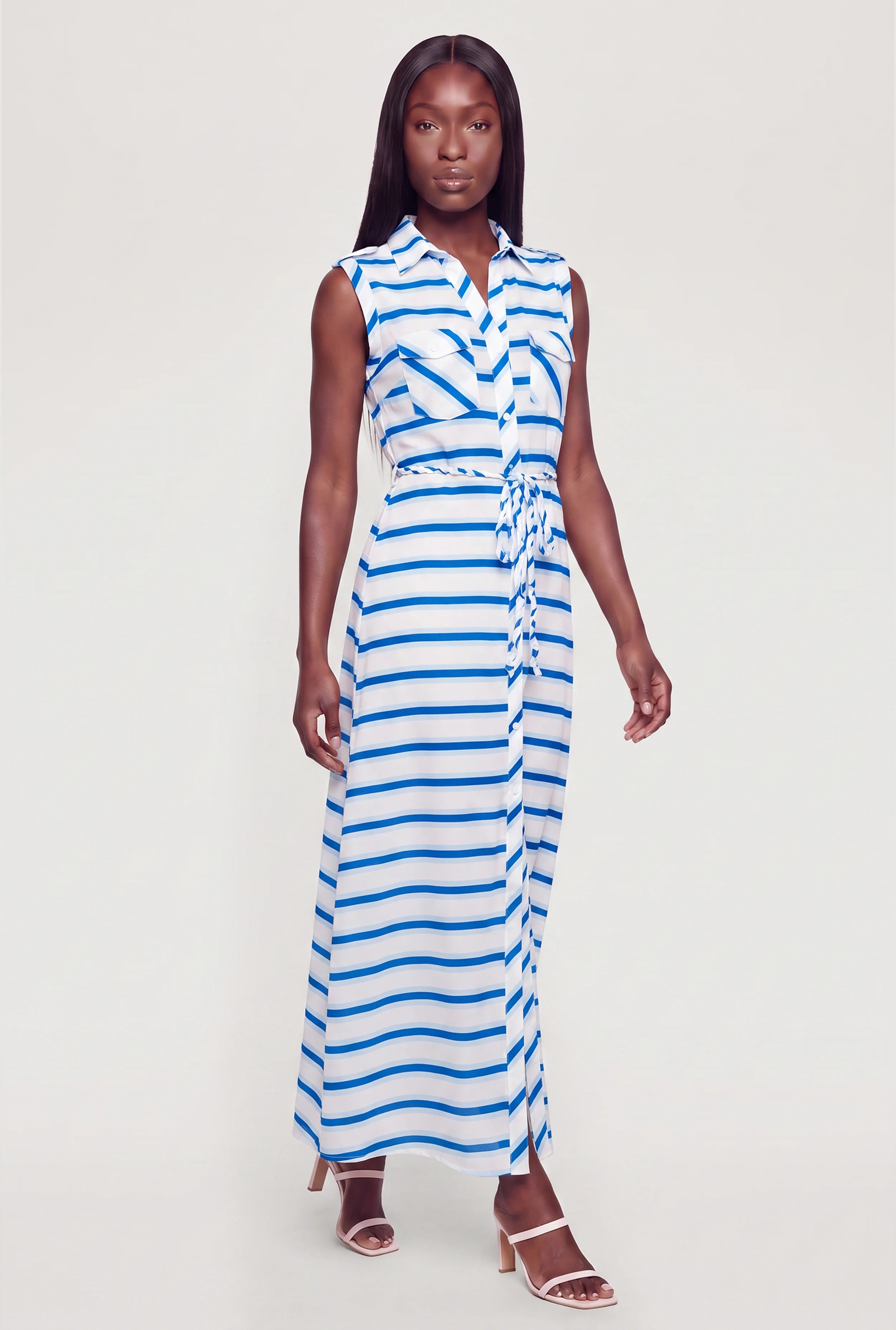 Striped Tie Waist Belted Maxi Shirt Dress