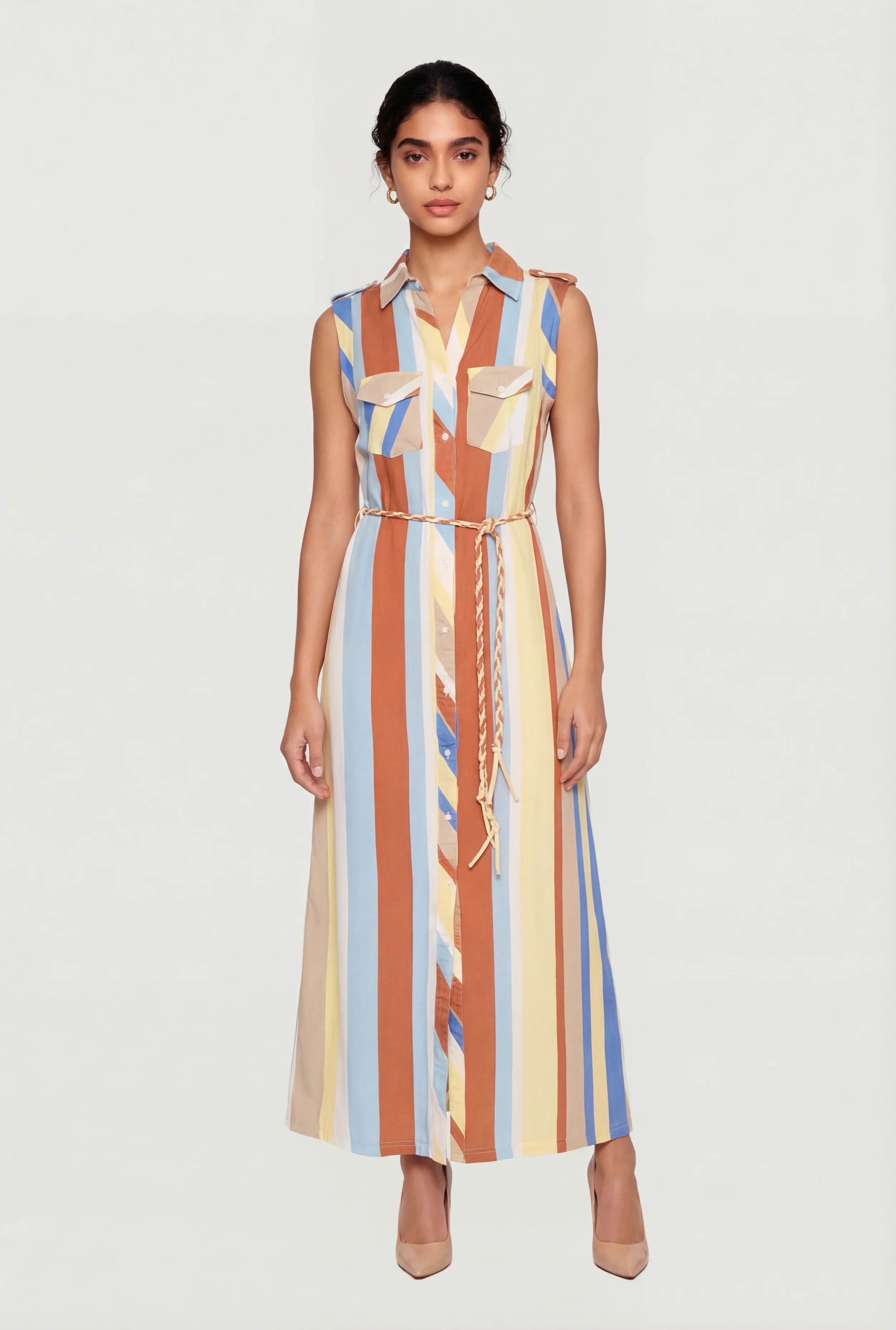 Abstract Striped Button Front Maxi Shirt Dress with Rope Belt