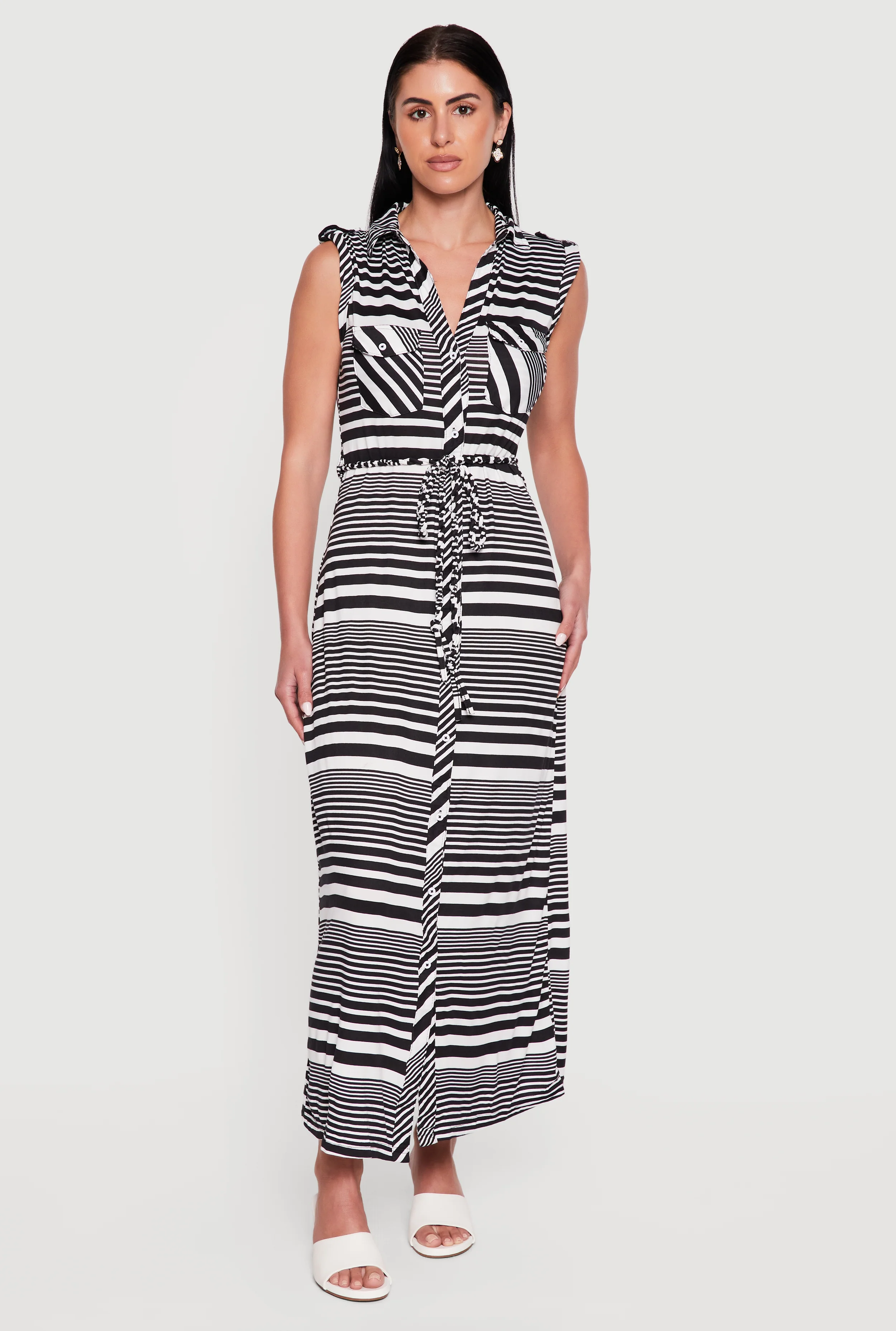 Striped Button Front Tie Waist Belted Maxi Dress