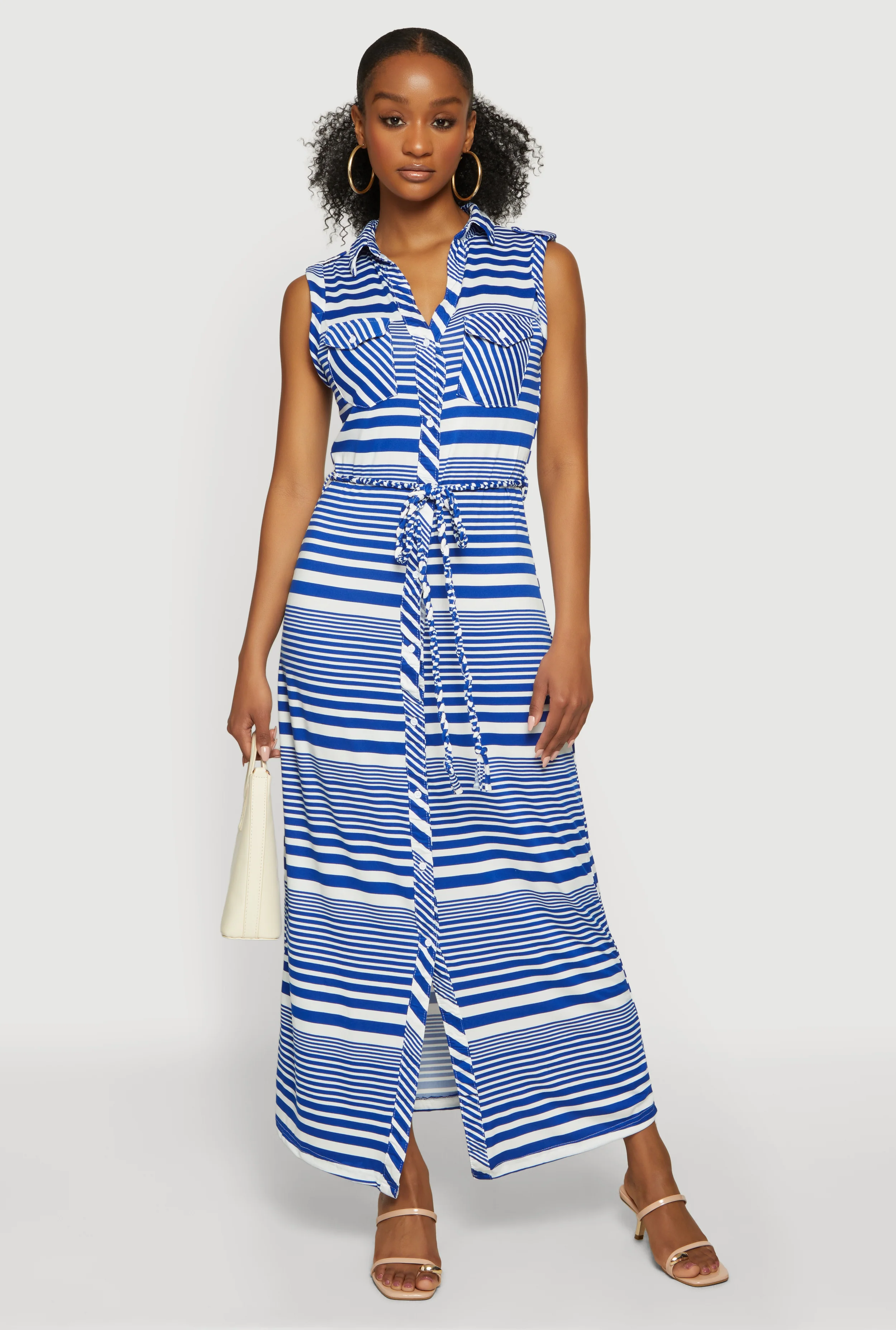 Striped Button Front Tie Waist Belted Maxi Dress