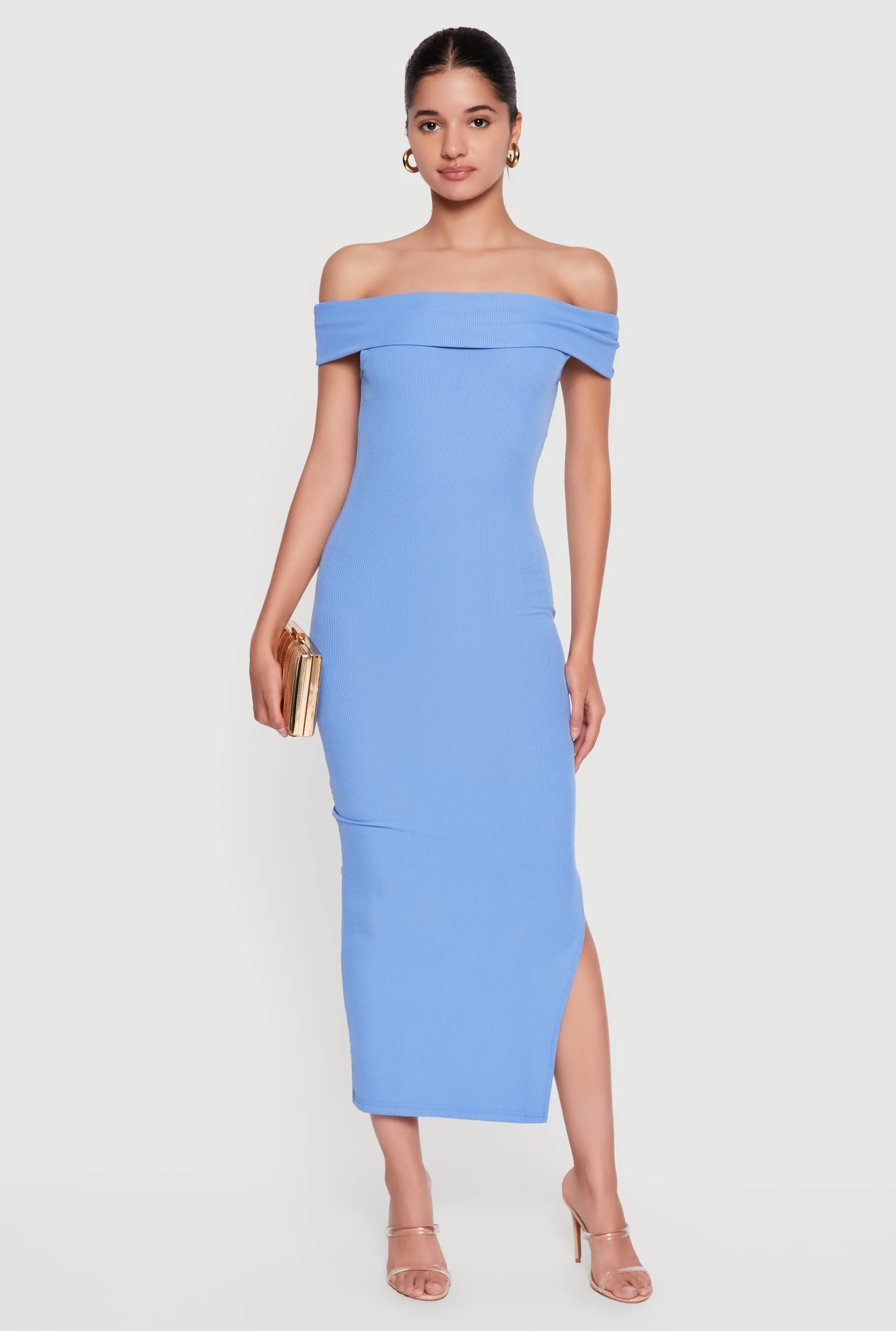 Fold Over Off the Shoulder Side Slit Midi Dress