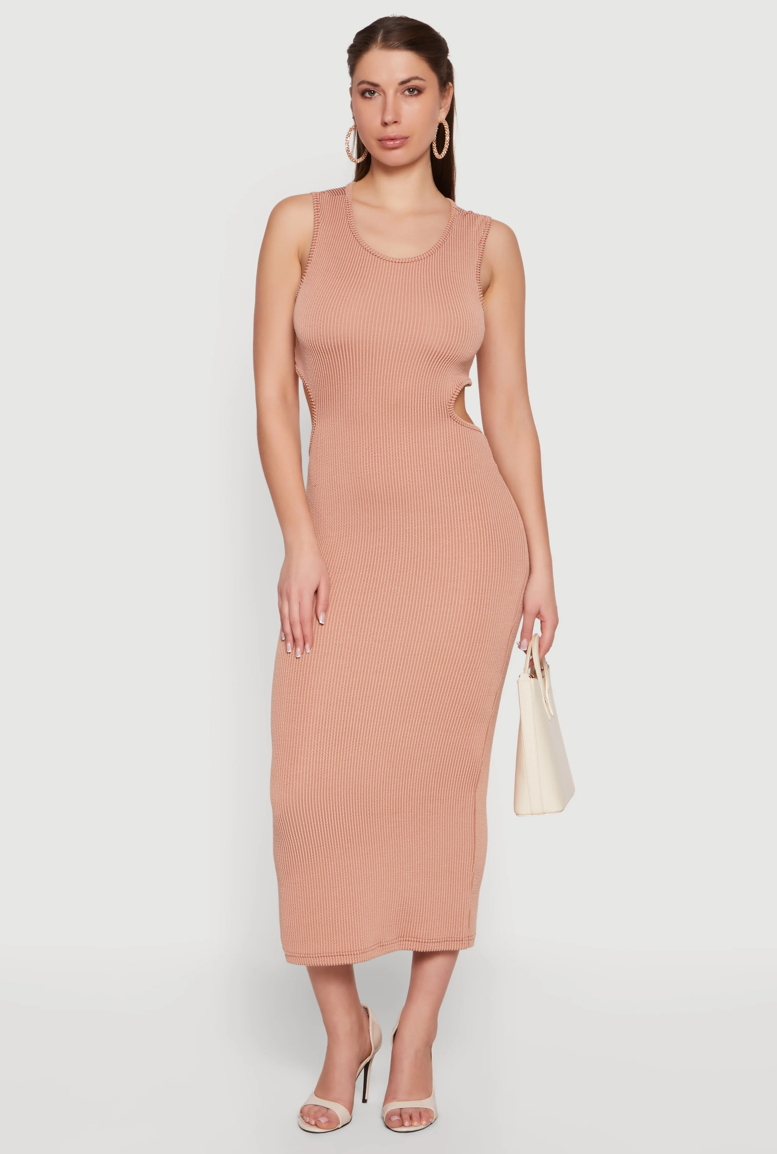 Ribbed Knit Cut Out Detail Scoop Neck Midi Dress