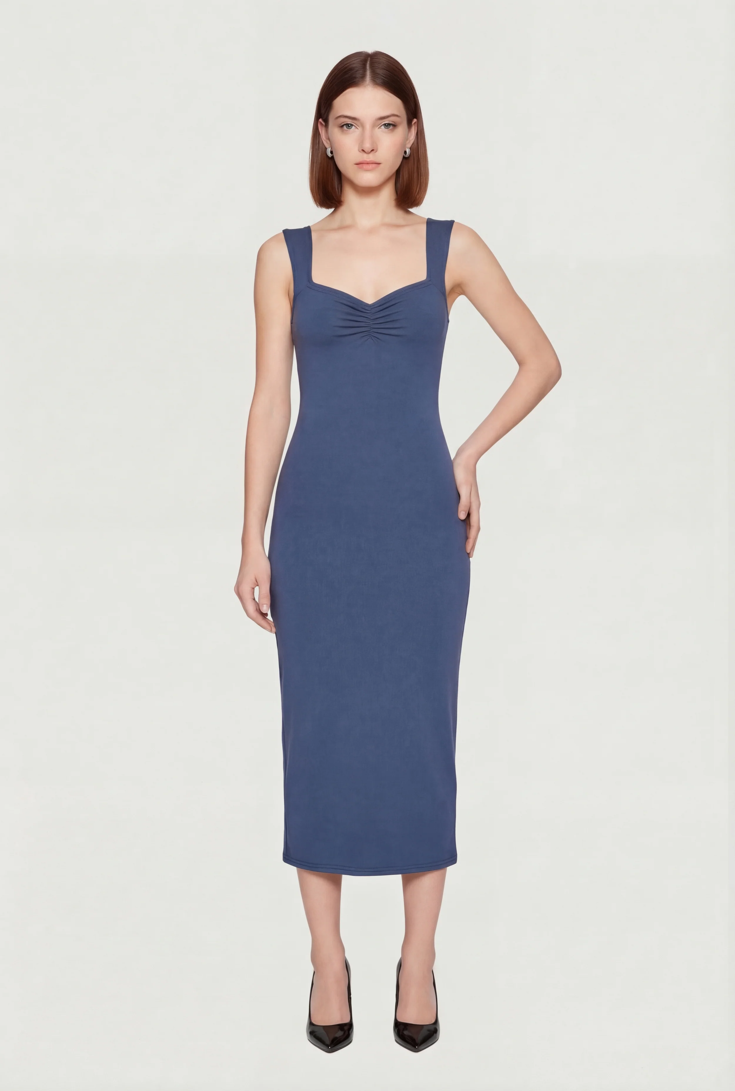 Solid Ruched Front Keyhole Back Tank Dress
