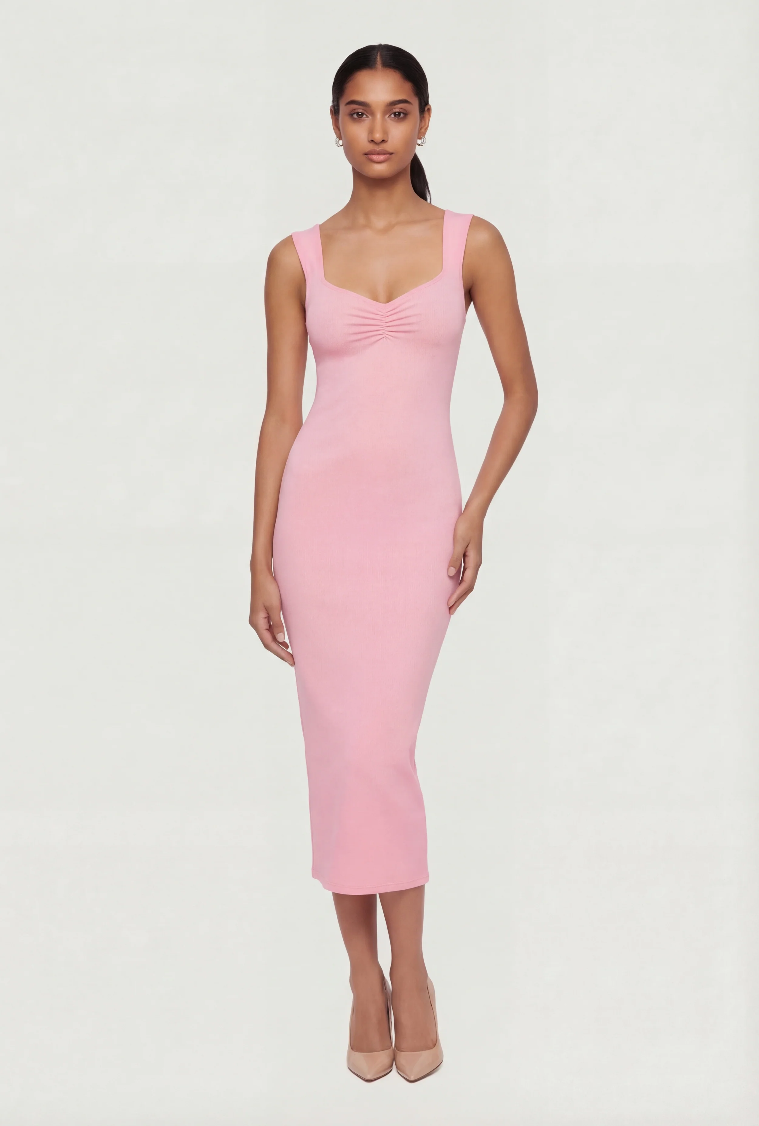 Solid Ruched Front Keyhole Back Tank Dress
