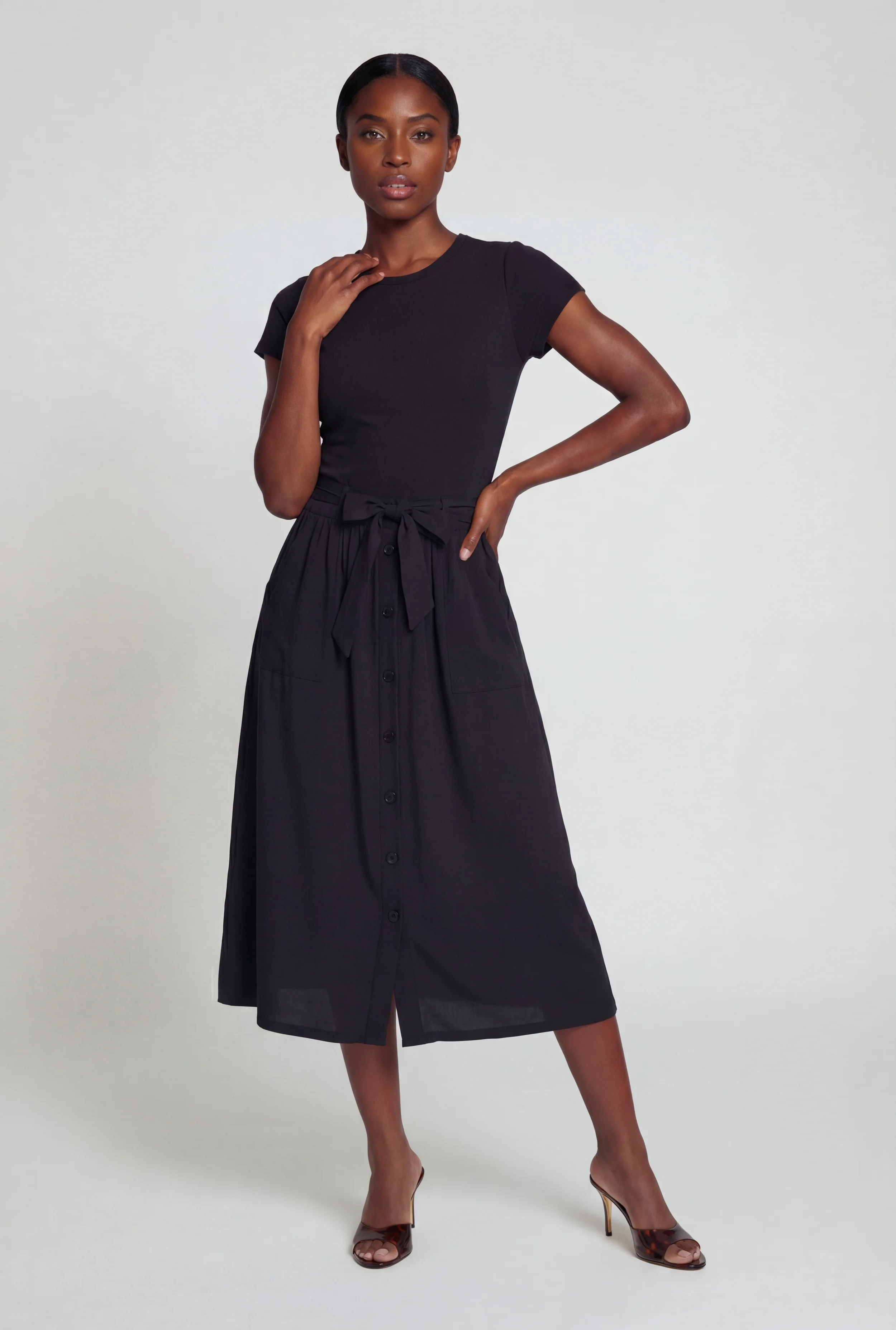 Half Button Front Short Sleeve Midi Dress with Tie Waist Belt