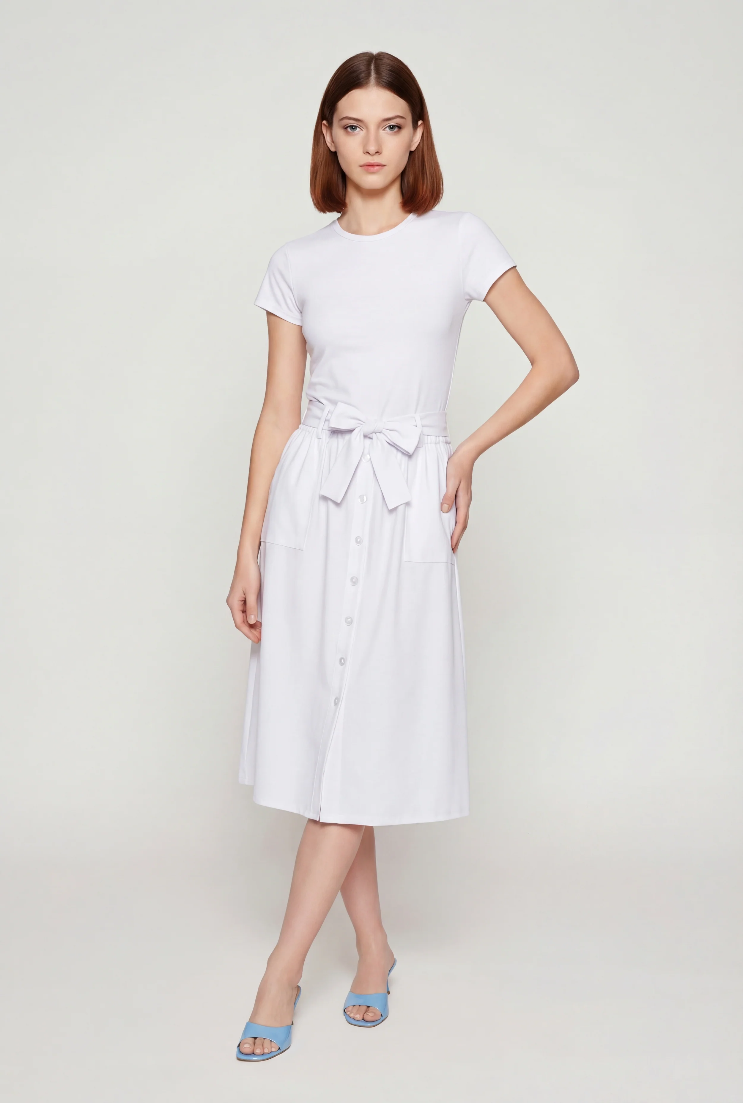 Half Button Front Short Sleeve Midi Dress with Tie Waist Belt