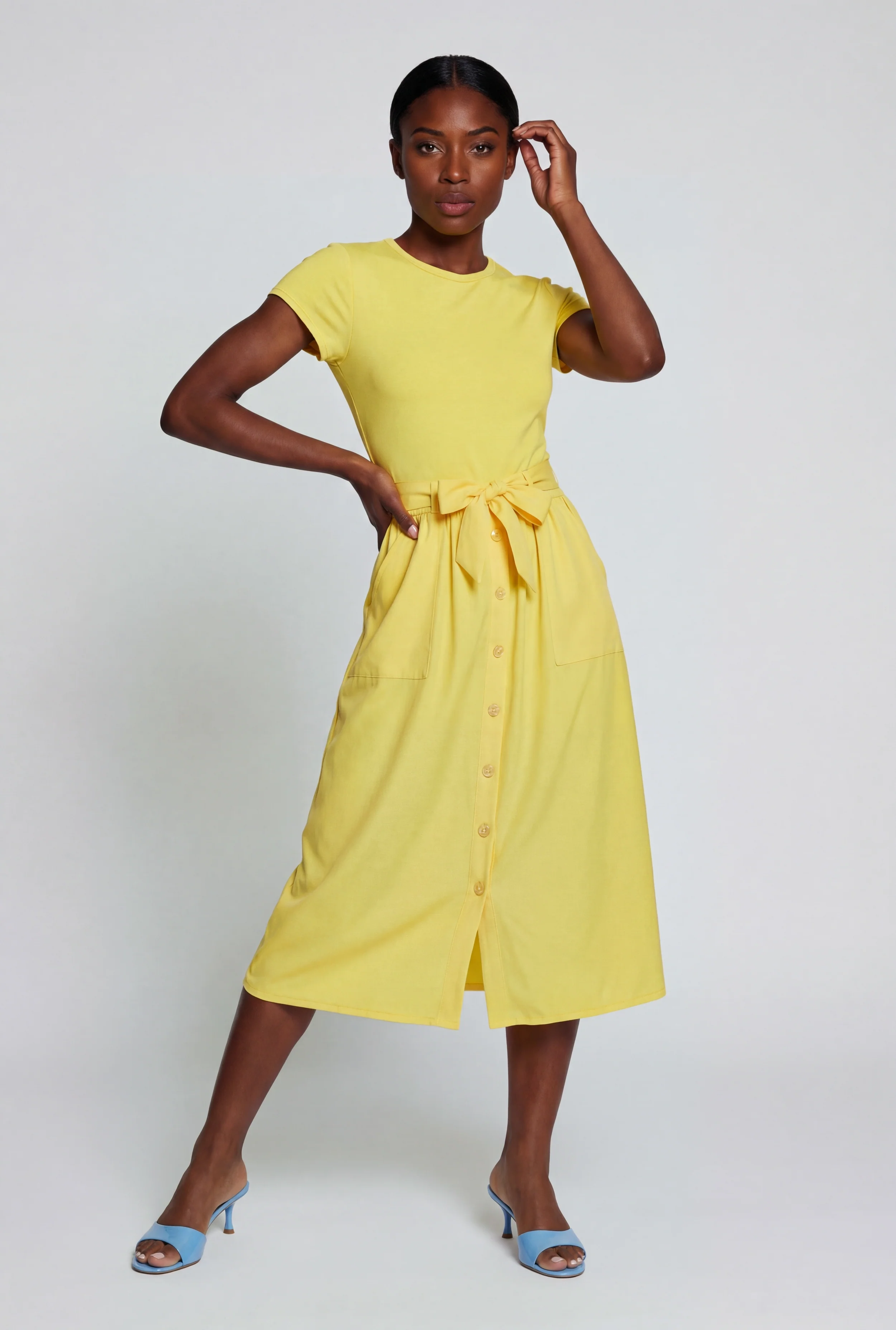 Half Button Front Short Sleeve Midi Dress with Tie Waist Belt