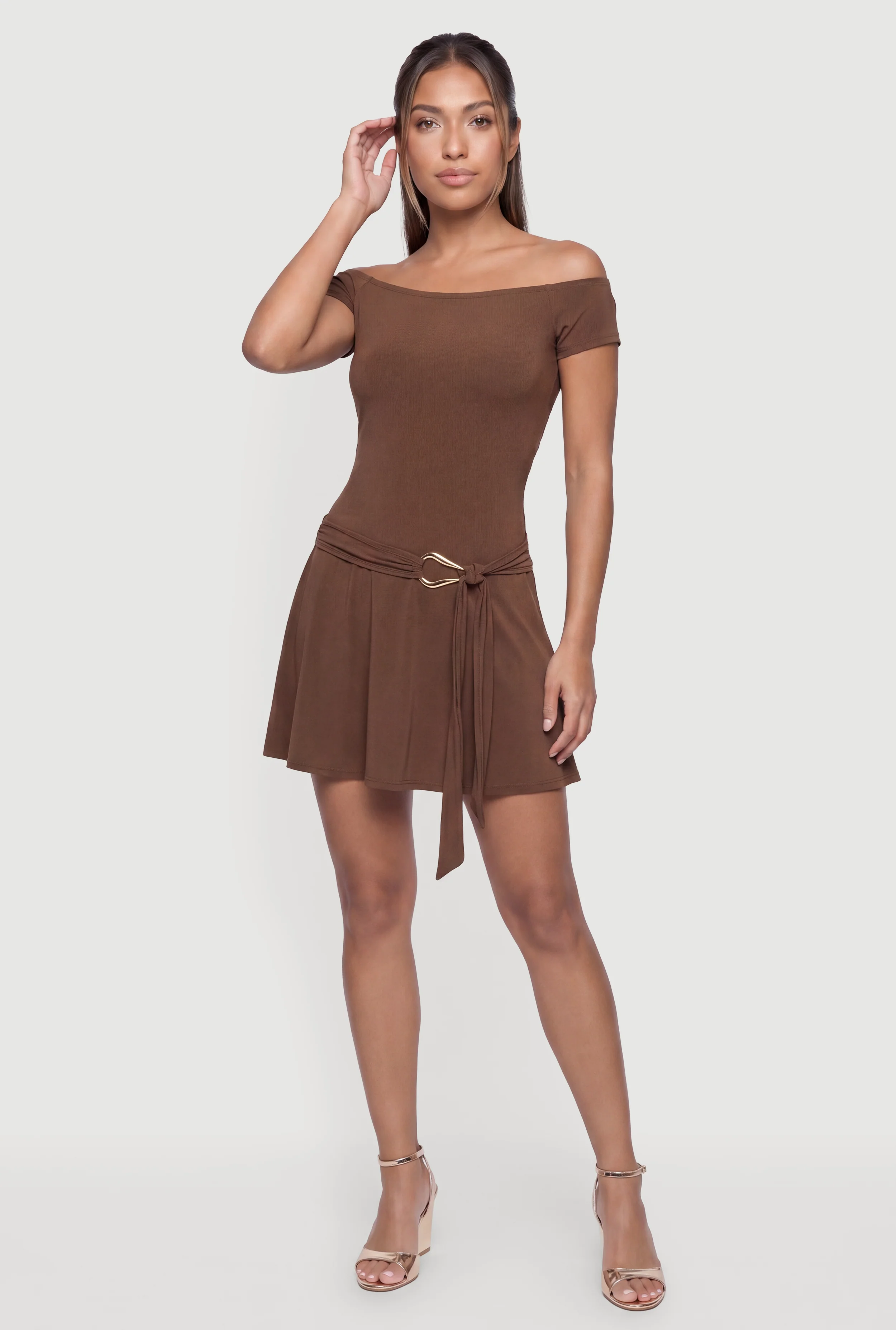 Short Sleeve Belted Front Mini Dress