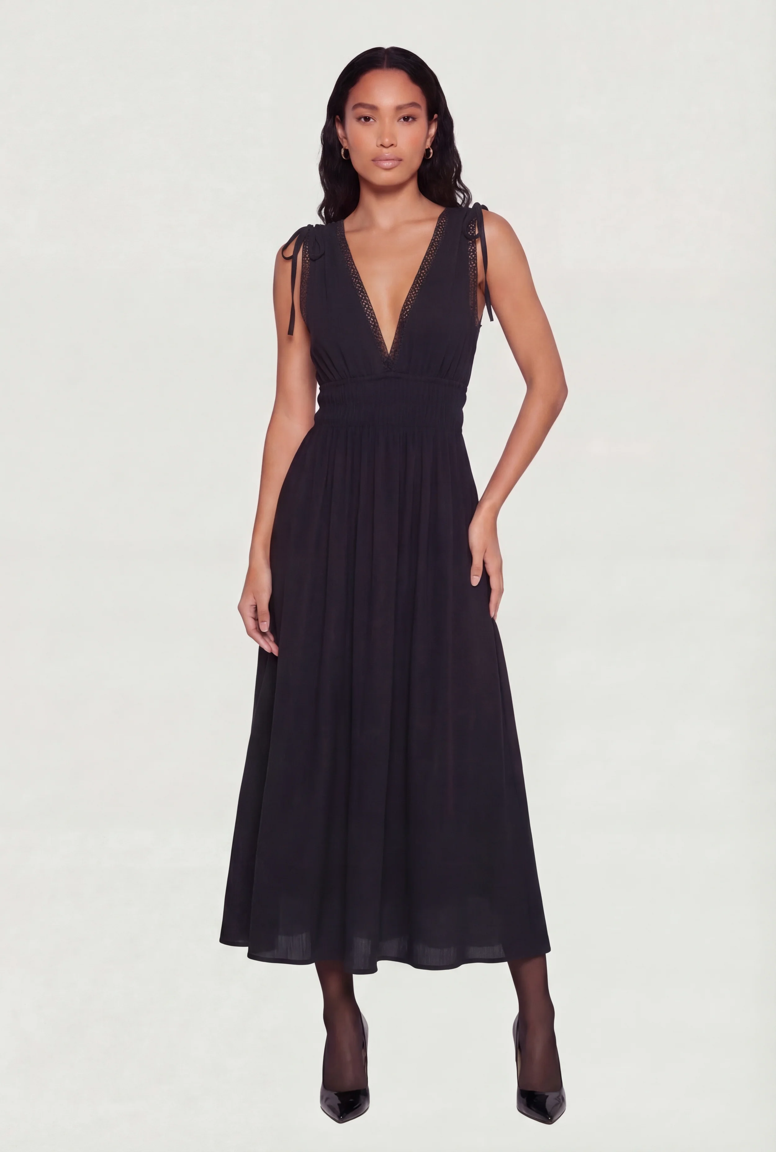 Crepe Knit Plunge Neck Drawstring Tie Shoulder Maxi Dress