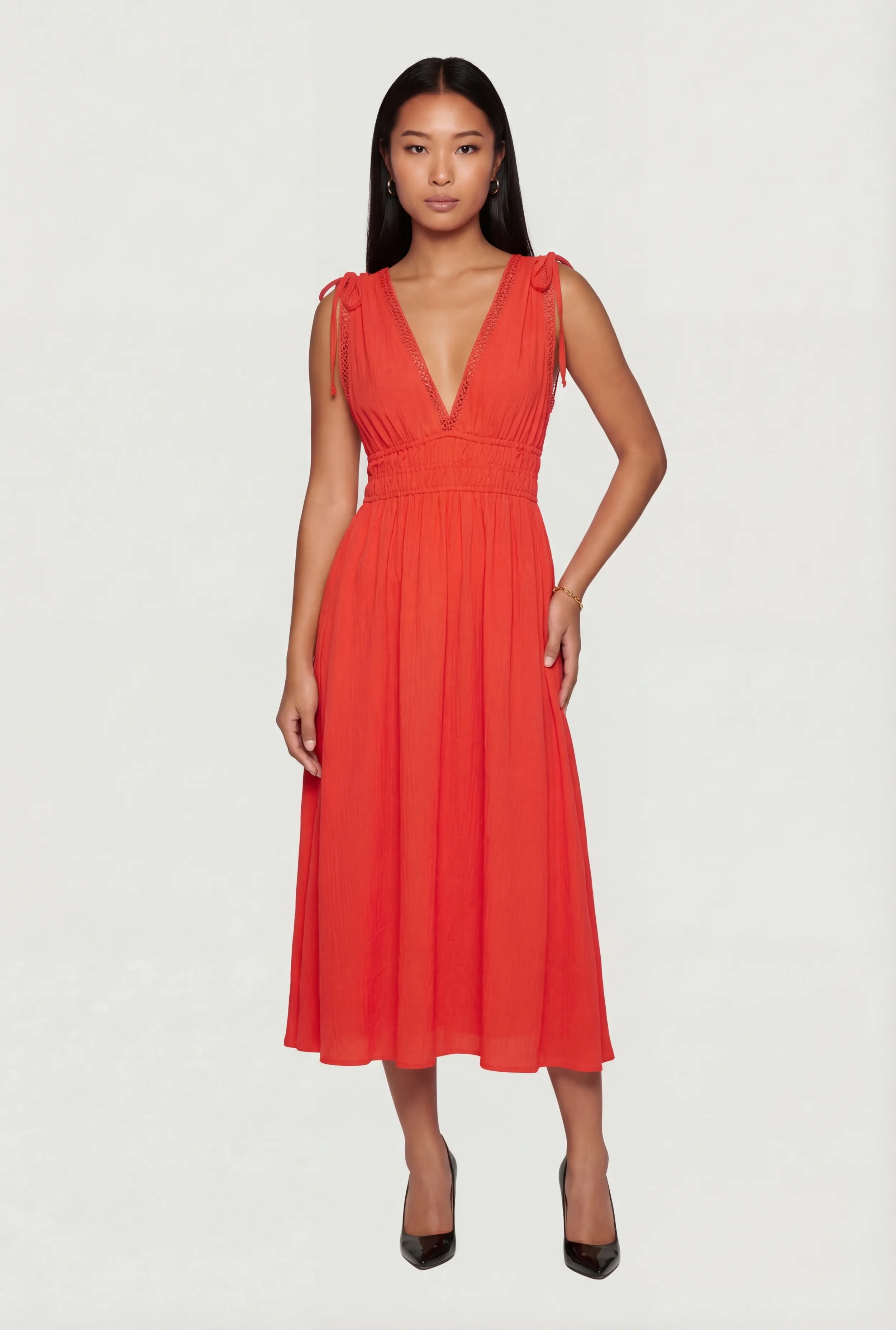 Crepe Knit Plunge Neck Drawstring Tie Shoulder Maxi Dress