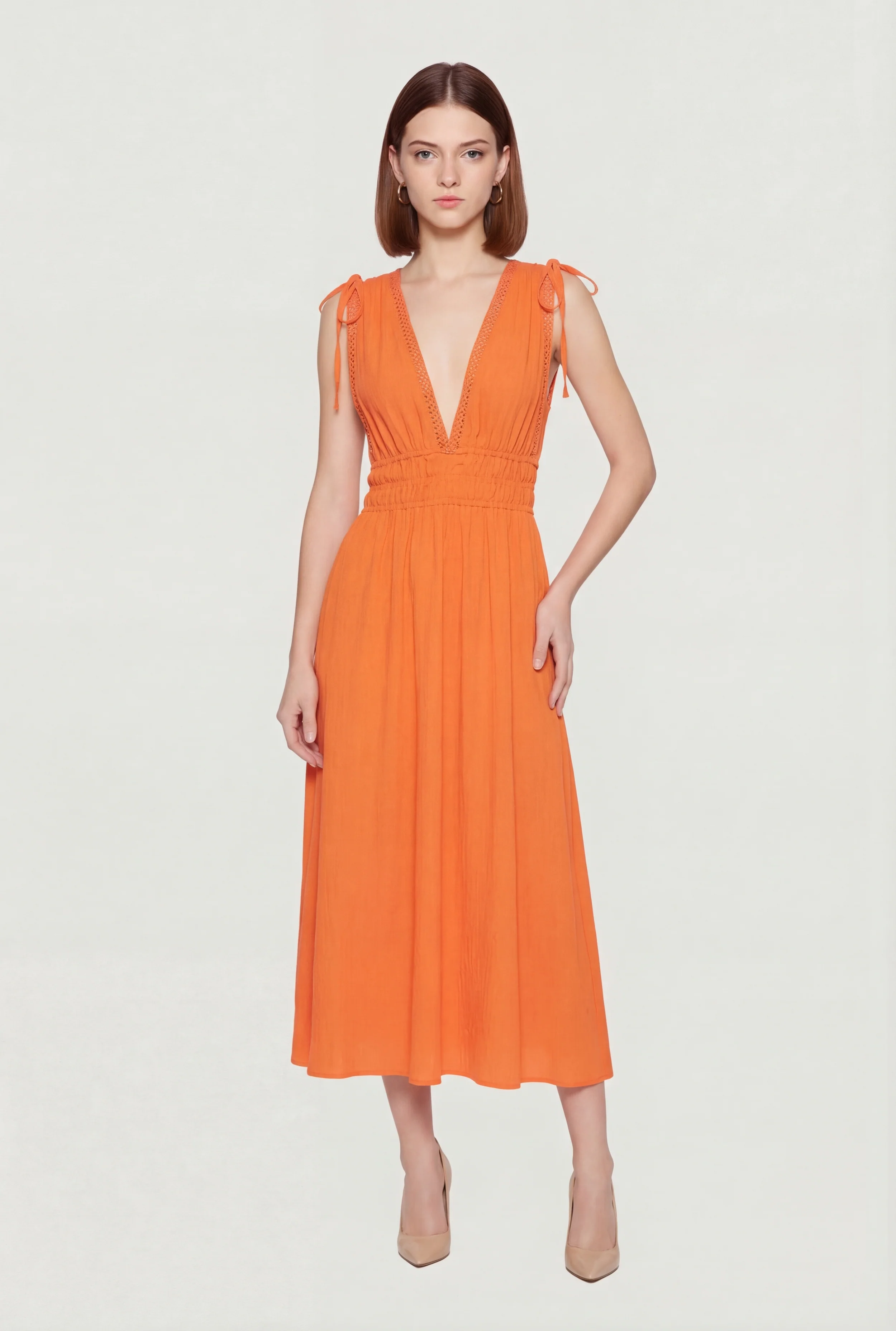 Crepe Knit Plunge Neck Drawstring Tie Shoulder Maxi Dress