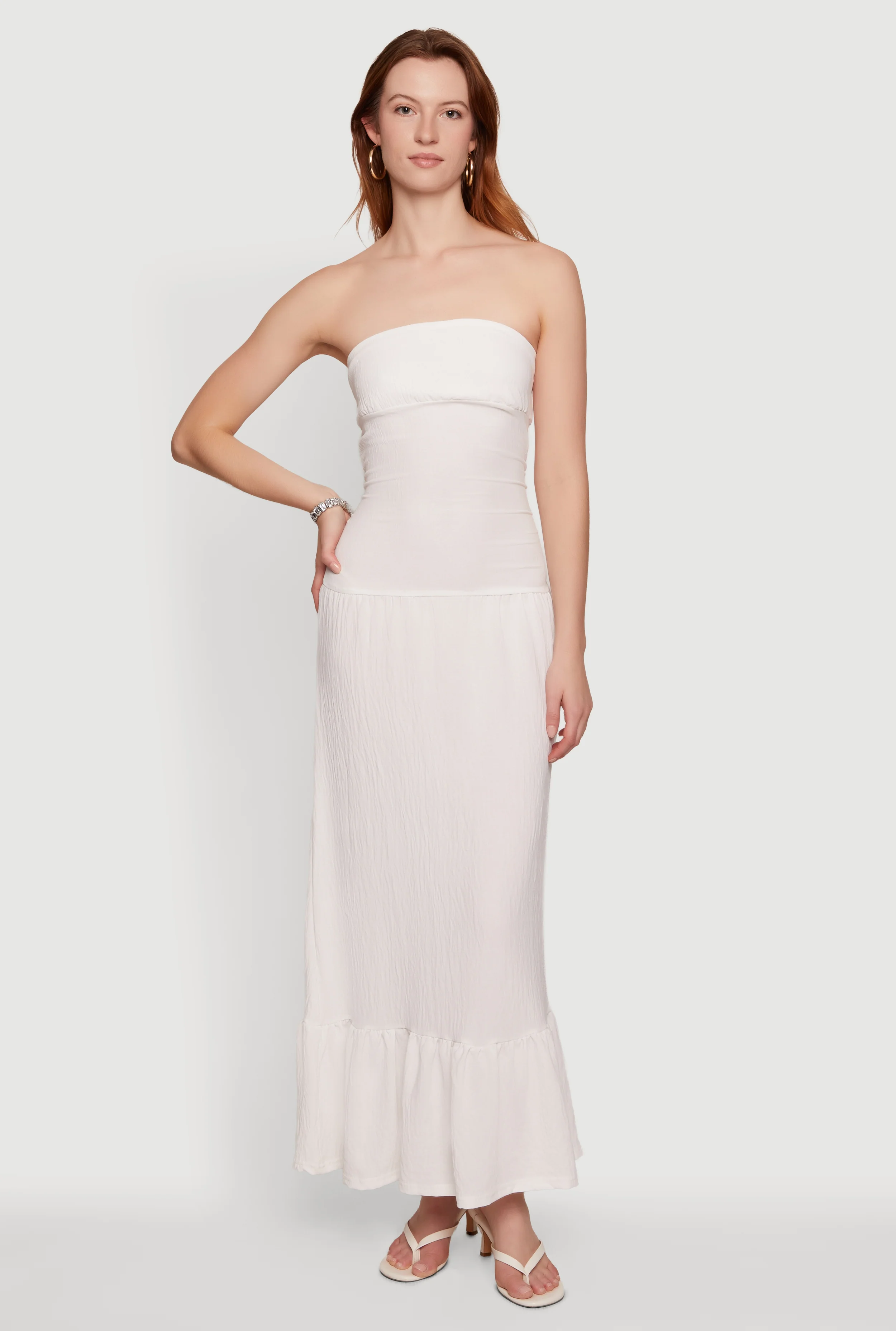 Ruched Side Ruffle Hem Maxi Tube Dress