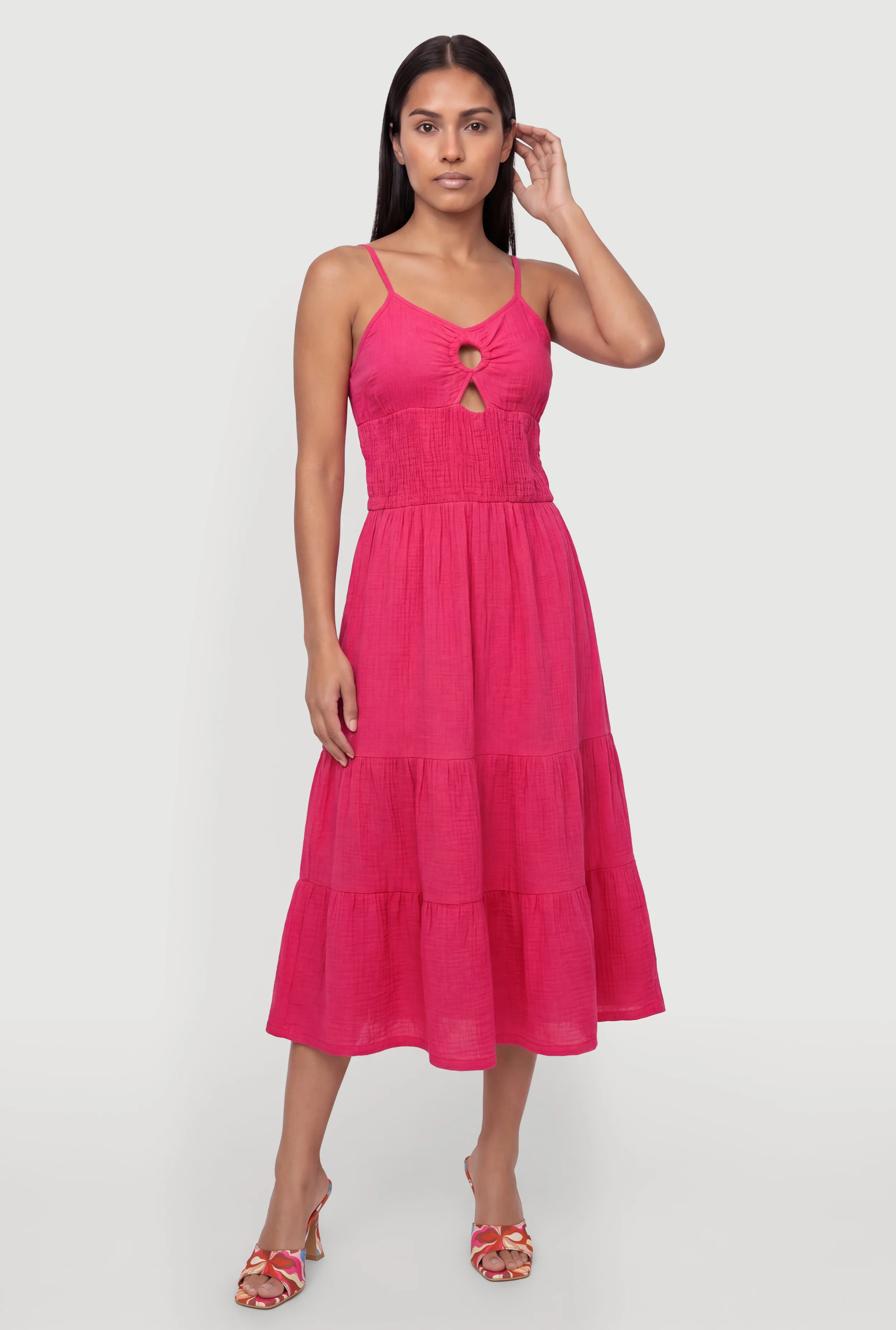 Keyhole Detail Ruffle Tiered Midi Dress