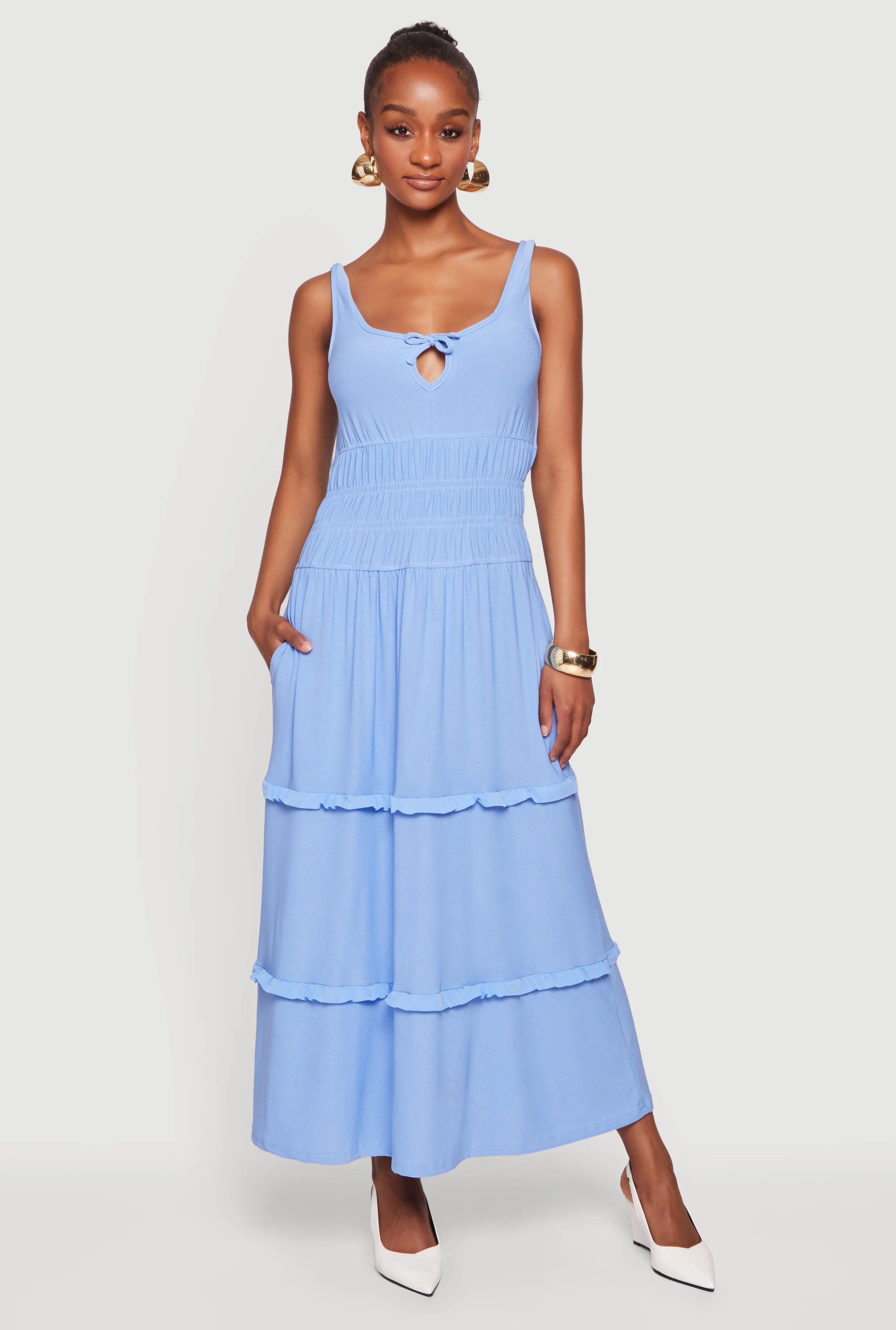 Smocked Waist Ruffle Trim Midi Dress