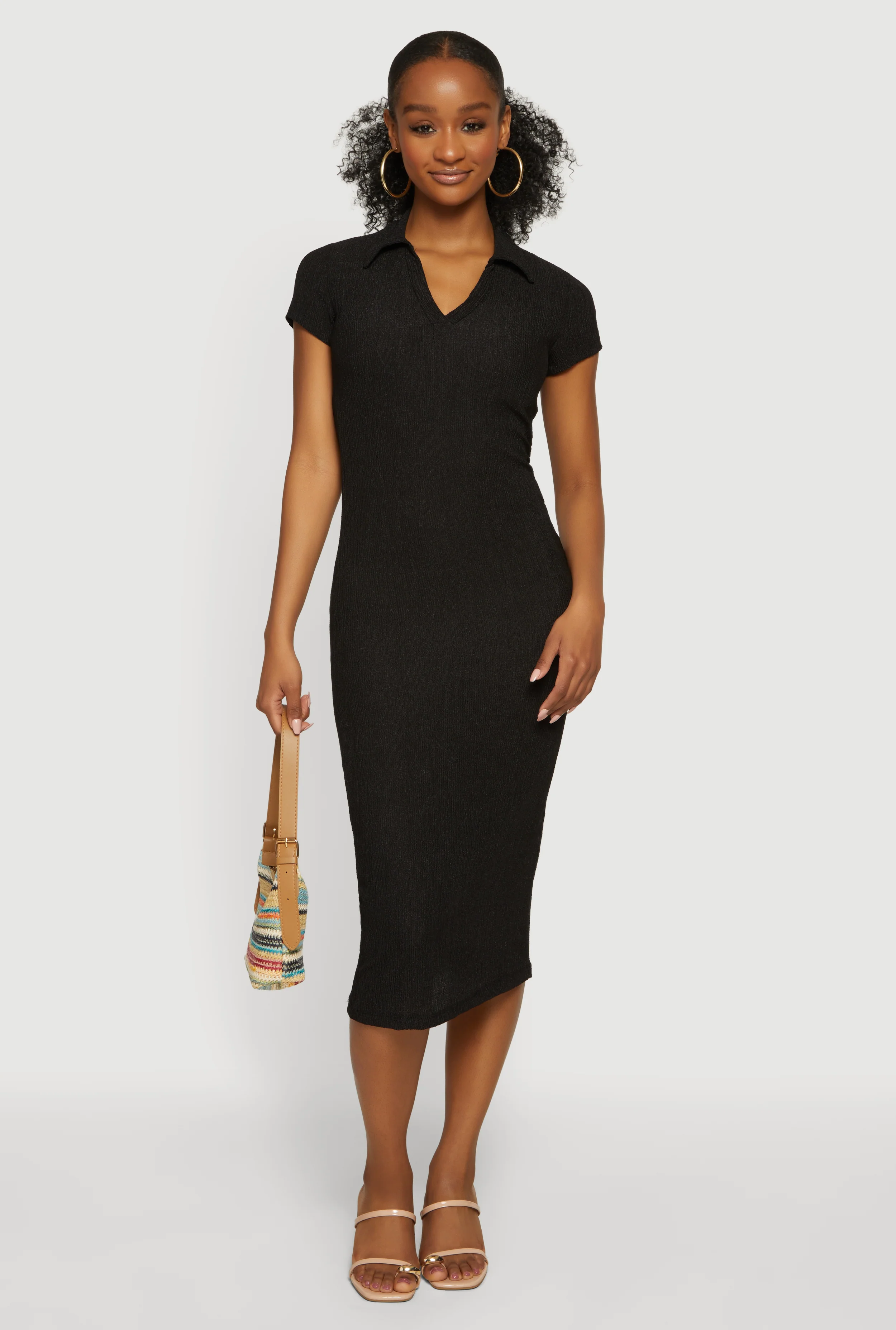 Short Sleeve Textured Knit Polo Dress